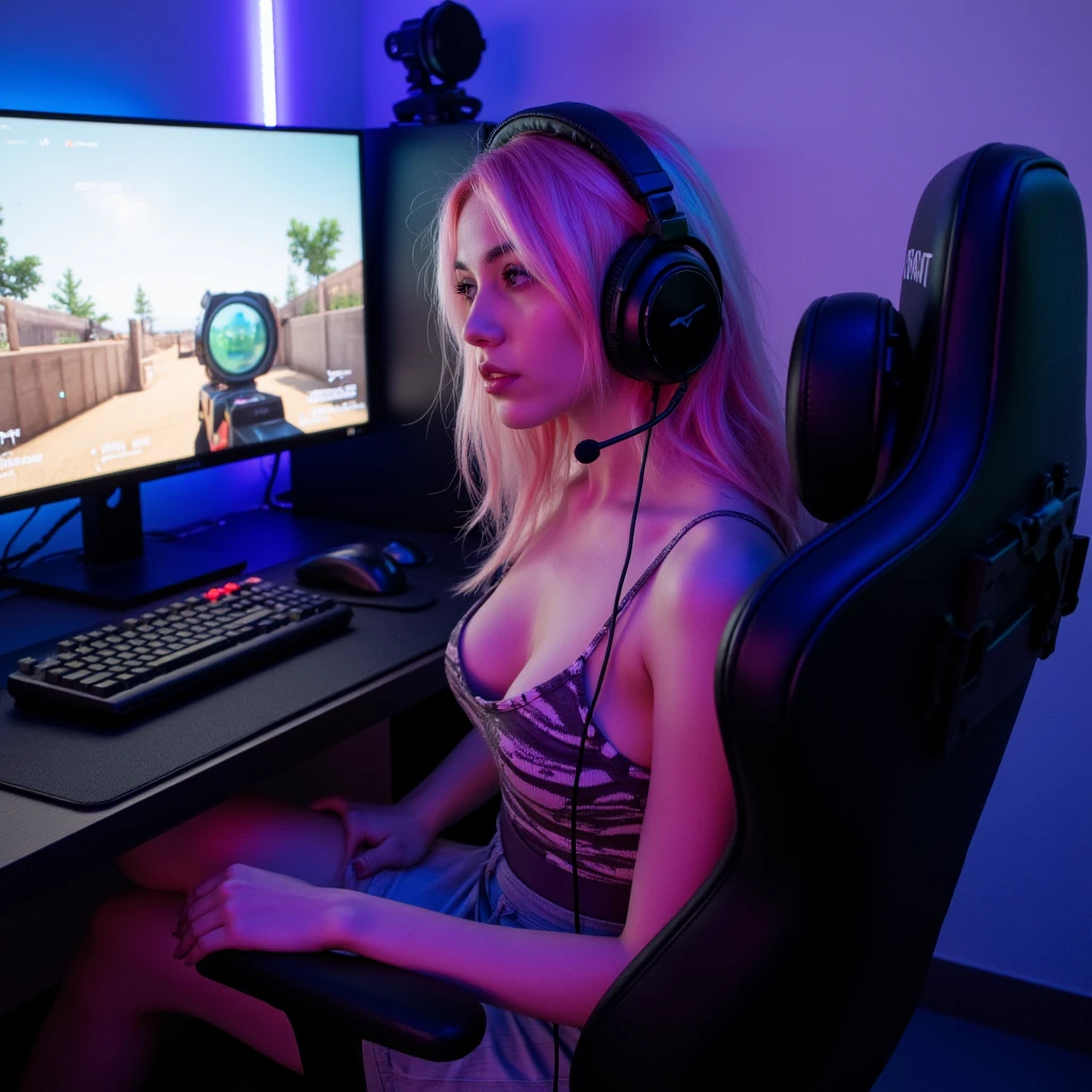 Over-the-shoulder angle of sexy gamer girl Mia, sitting cross-legged on her gaming chair, pastel pink hair, revealing tank top, headset slightly tilted, screens showing a colorful FPS game, bright RGB glow illuminating her skin, photo-real quality