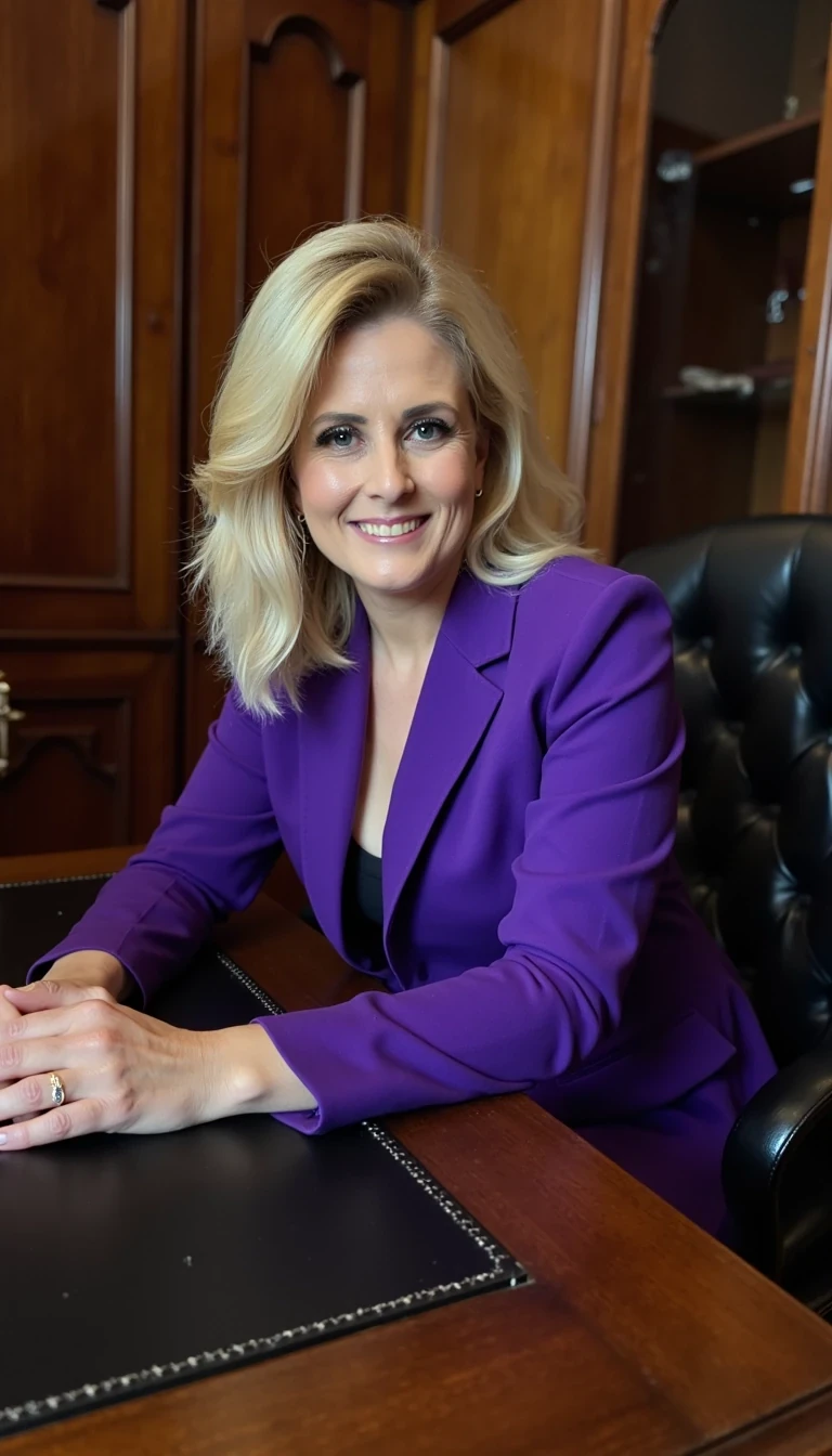 iphone portrait of CSTMDL blonde woman  
Wearing a high fashion royal purple blazer, very bold, sitting on the corner of an executive elaborate wooden desk  hands hidden, modest