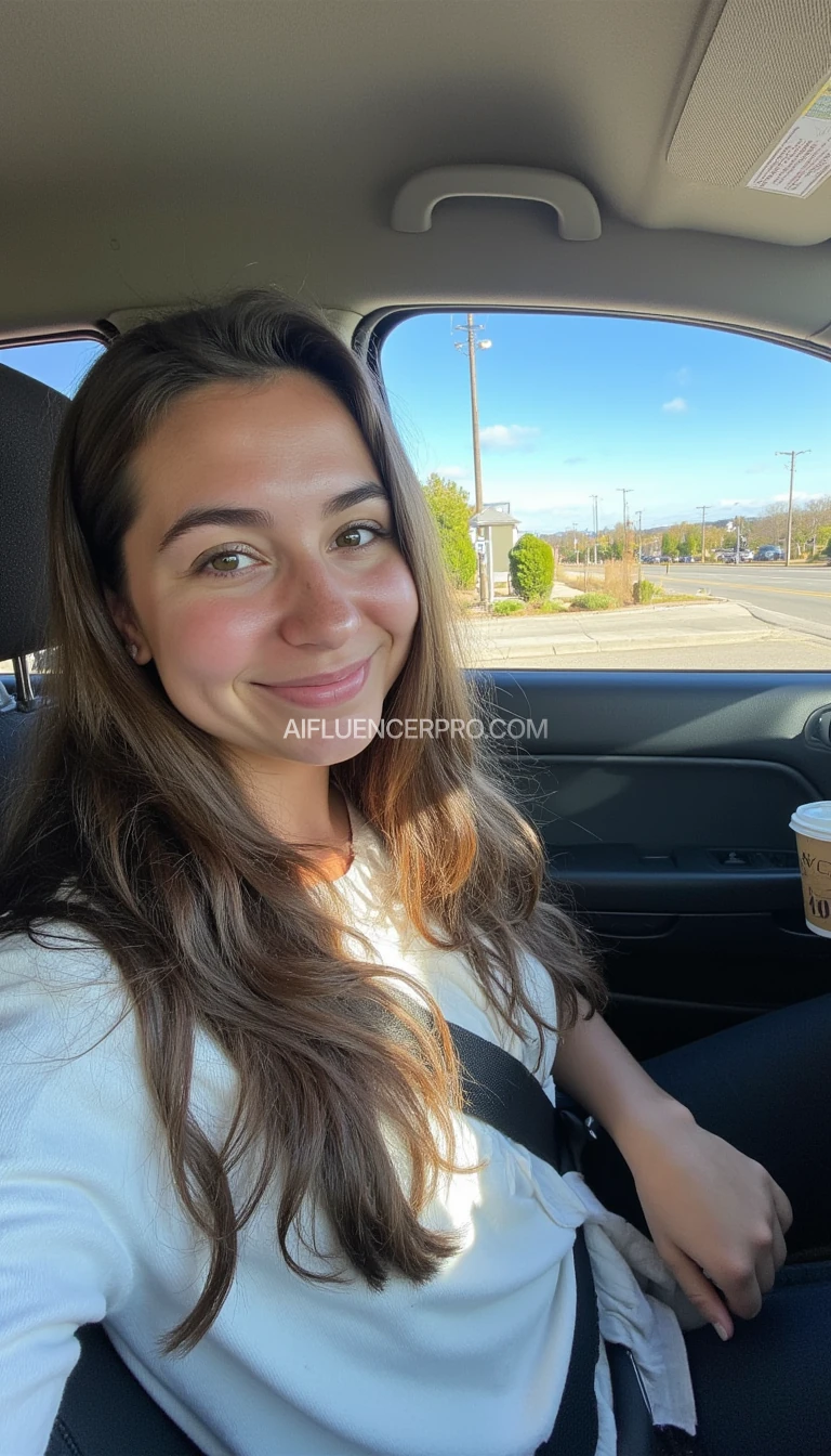 boring low quality snapchat photo circa 2015, A young woman with a warm smile, sitting in the driver's seat of a cozy car. She has soft, wavy brown hair cascading past her shoulders. The sunlight streams through the window, casting a gentle glow on her face. The interior of the car is neat and comfortable, with a coffee cup in the cup holder and a small plant on the dashboard. The background outside the window shows a scenic road lined with trees and blue skies
