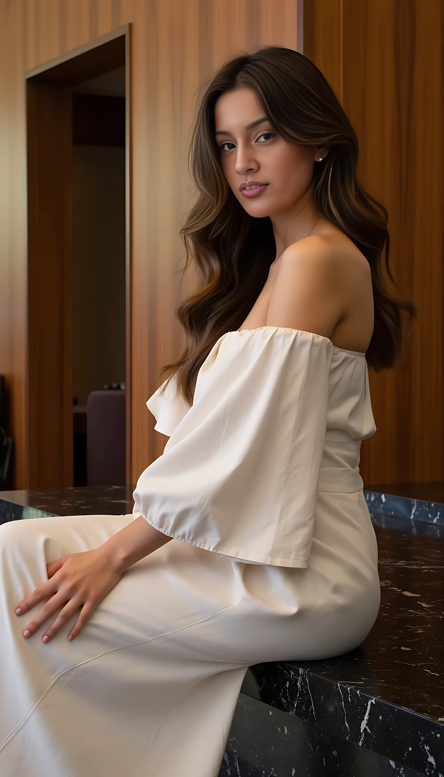 A woman with long, wavy hair, wearing a light-colored, off-shoulder dress, sits elegantly on a dark marble surface. The setting is a modern, sophisticated interior with wooden panels and neutral tones. Soft, ambient lighting highlights her natural beauty and creates a warm, inviting atmosphere.