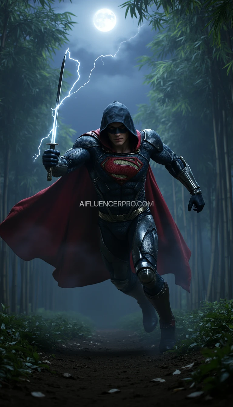 A photorealistic Superman wearing a modified ninja-inspired suit, poised to strike in an aggressive attacking pose. The suit is sleek and metallic, seamlessly merging robotic elements with armor plating. He dons a traditional ninja hooded cloak, enhancing his aura of precision and strength. In his hand, he wields an electrifying katana. The iconic 'S' symbol on his chest. The scene is set in a misty bamboo forest at night, where moonlight pierces through the dense foliage, casting sharp contrasts of light and shadow. A distant thunderstorm flashes faint lightning in the horizon, adding to the high-stakes, cinematic atmosphere. Superman lunges forward, his cape rippling as he becomes a striking figure in this otherworldly, dramatic setting.