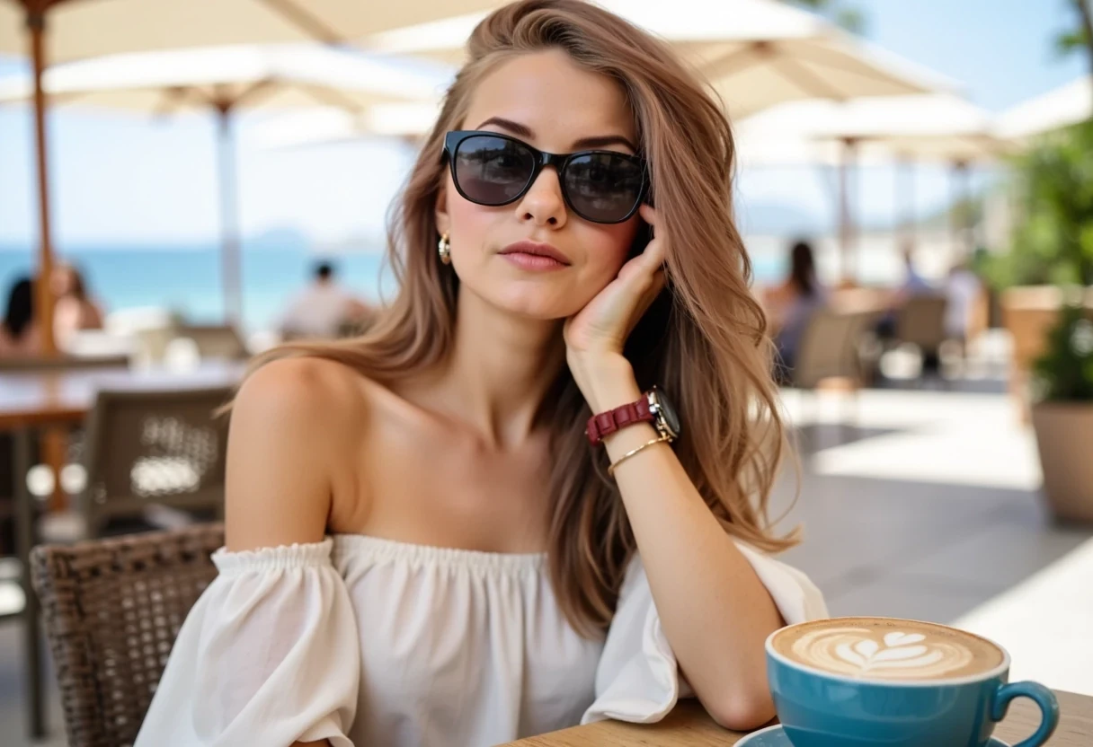 CSTMDL selfie photo of a young 19 years old woman seated at a stylish outdoor café setting.  The subject is wearing trendy cat-eye sunglasses perched low on her nose, giving her a playful and confident expression. She is dressed in an off-shoulder white top with subtle pleating, adding softness to her look. Her left hand is elegantly resting on her chin, and she sports a stylish watch with a dark face and a red strap on her wrist, alongside a delicate gold ring and hoop earrings that complement her outfit. The background reveals a bright, sunlit scene with a blurred view of a waterfront and several white umbrellas, indicating a warm, inviting atmosphere. The table is set with a vibrant blue coffee cup, topped with artistic latte art, adding a pop of color to the composition. The overall lighting is bright, enhancing the natural beauty of the scene with shadows that indicate a sunny day. The perspective captures a sense of intimacy, as if inviting the viewer into a shared moment of leisure and style.