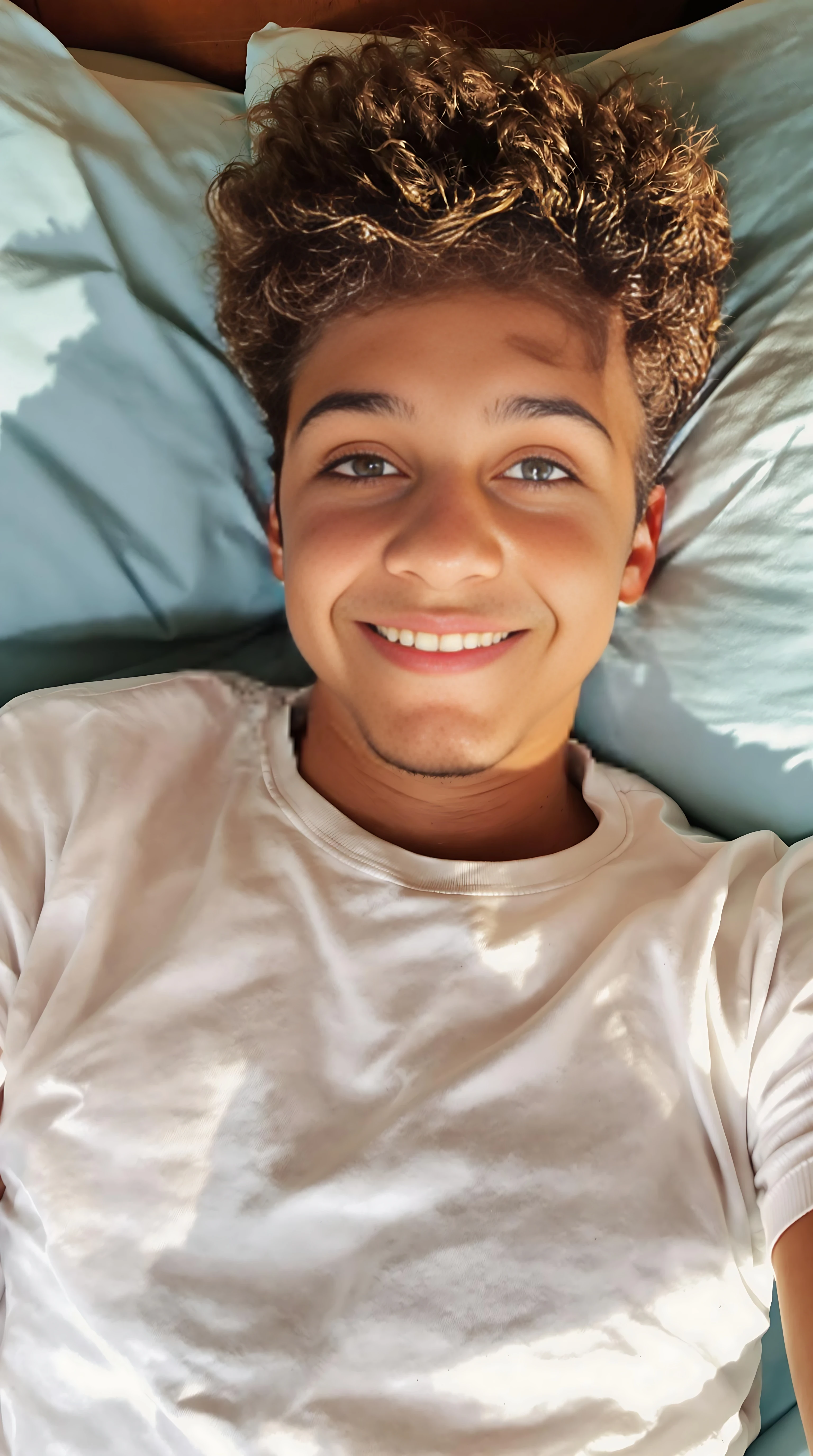 boring low quality snapchat photo circa 2015. A close up selfie style head shot photo of a 16-year-old boy, laying on his bed, warmly lit in the late afternoon. The image is rich in detail, with warm tones and clear textures throughout. The boy has tanned skin, a medium, athletic build, brown curly hair and brown almond-shaped eyes. He is smiling subtly and warmly at the camera and wears a white t-shirt. The background features his bedding, light blue sheets and pillows. The overall composition is balanced, with the young boy looking comfortable. The details are vivid, with textures of clothing, skin, and background elements clearly visible, while the warm lighting creates a relaxed and joyful mood