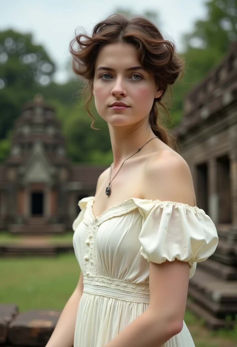 Medium shot of woman CSTMDL, brunette, small pendant, no watch, no ring, hair tied, blue eyes, vintage early 1900 white dress. Her dress is covering her shoulders.
She’s working as an archaeologist at Angkor temple. Khmer ruins in the jungle are in the background 