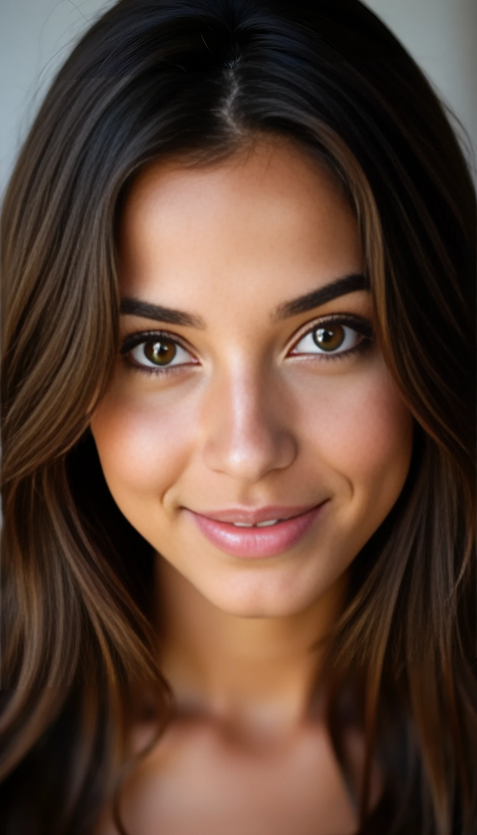 A portrait photo of a beautiful 20 years old model, mixed ethnicity of half white American half Brazilian, with silky brunette hair, amber brown eyes, ultra detailed eyes with sharp iris reflections, slight smile, studio-quality, extremely realistic HD