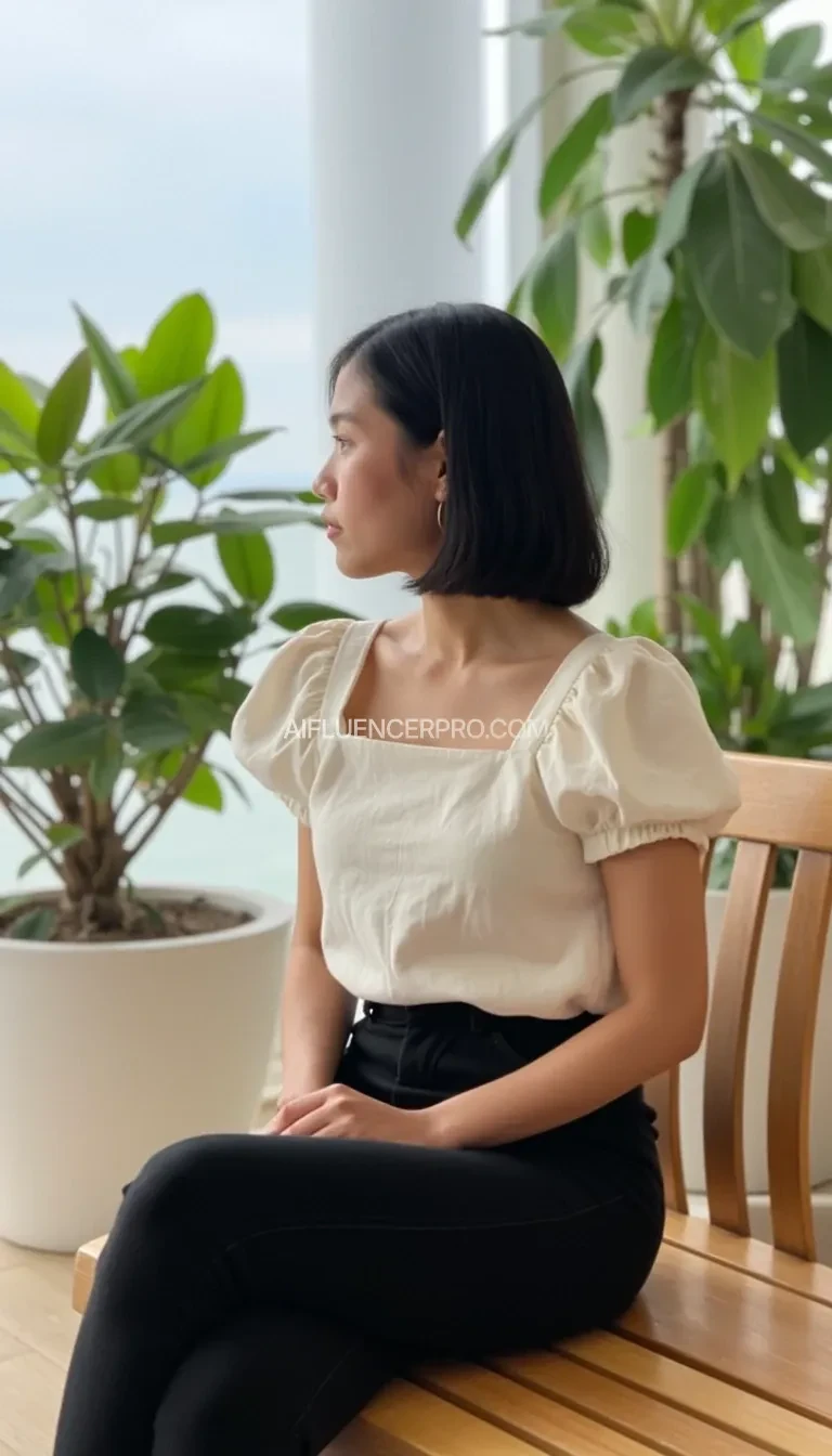 A person with short black hair, sitting on a wooden bench indoors. They wear a light, cropped blouse and dark pants. The setting includes a white planter with green and variegated leaves. The background features a blurred view of a large window and soft lighting. The person is looking contemplatively to the side.
