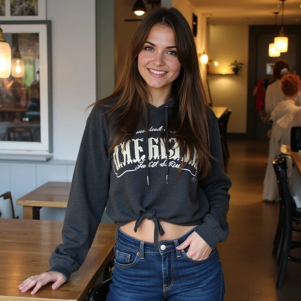 young 24 year old sexy Russian woman with brown hair and green eyes, big boobs, sexy ass, wearing tight jeans, a hoodie, has a warm smile, in a random place