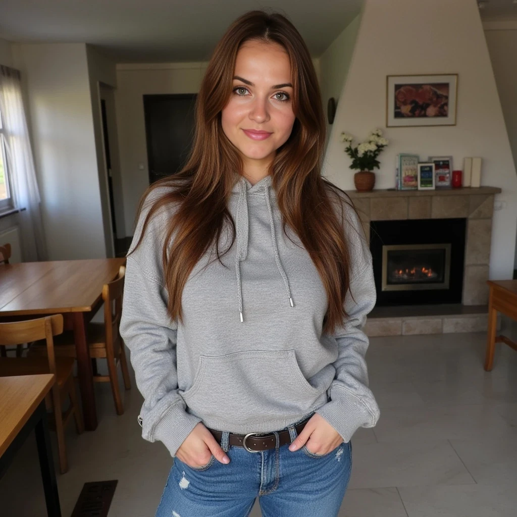 young 24 year old sexy Russian woman with brown hair and green eyes, big boobs, sexy ass, wearing tight jeans, a hoodie, has a warm smile, in a random place