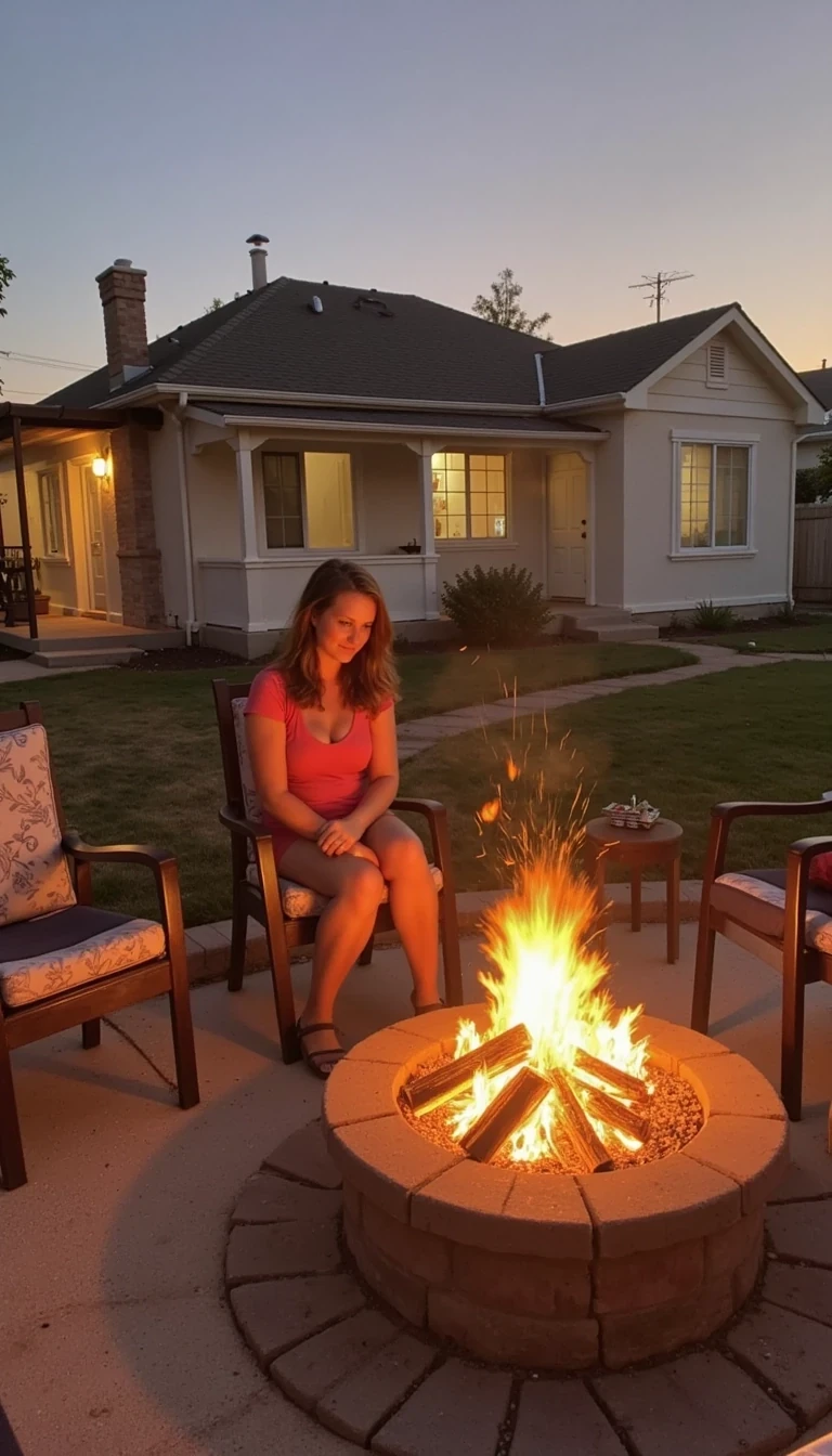 Photo of woman CSTMDL outside at beach house by fire pit at sundown