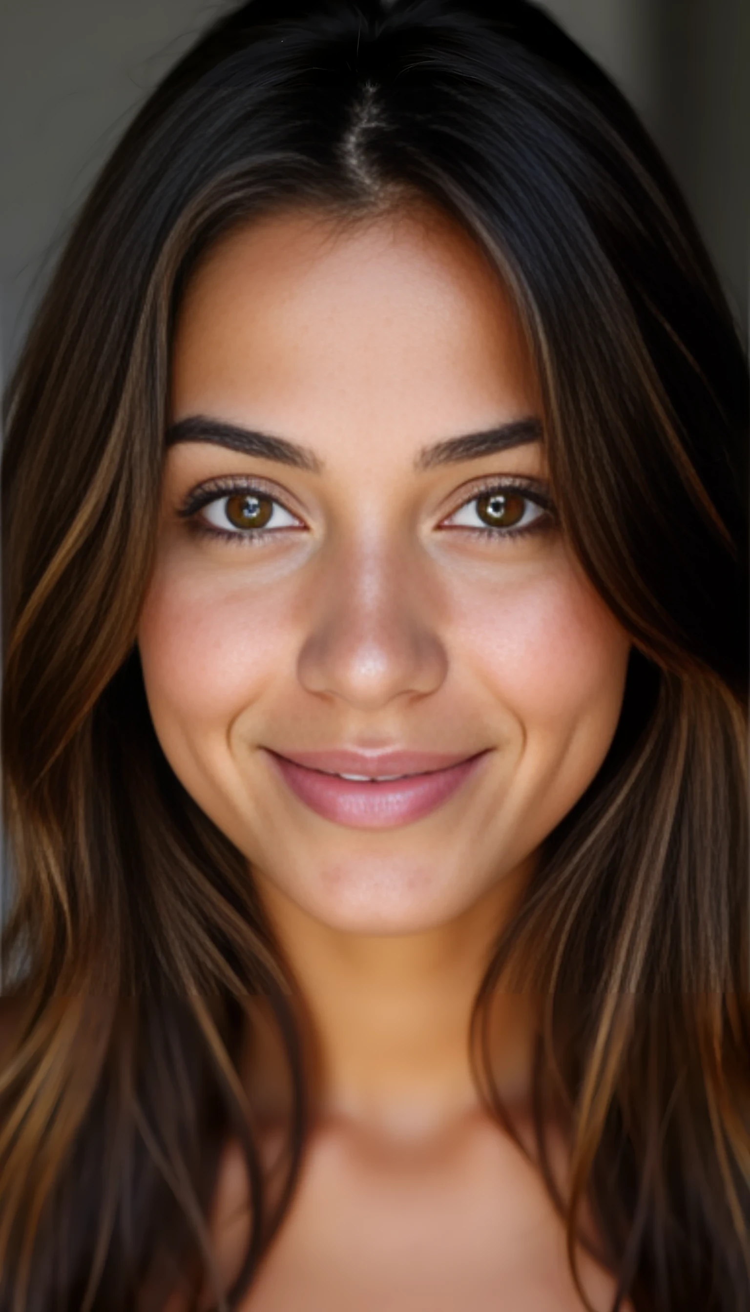 A studio-quality portrait photo full face of a beautiful 21 years old model, mixed ethnicity of half white American half Brazilian, with brunette hair, ultra detailed eyes with sharp iris reflections, slight smile