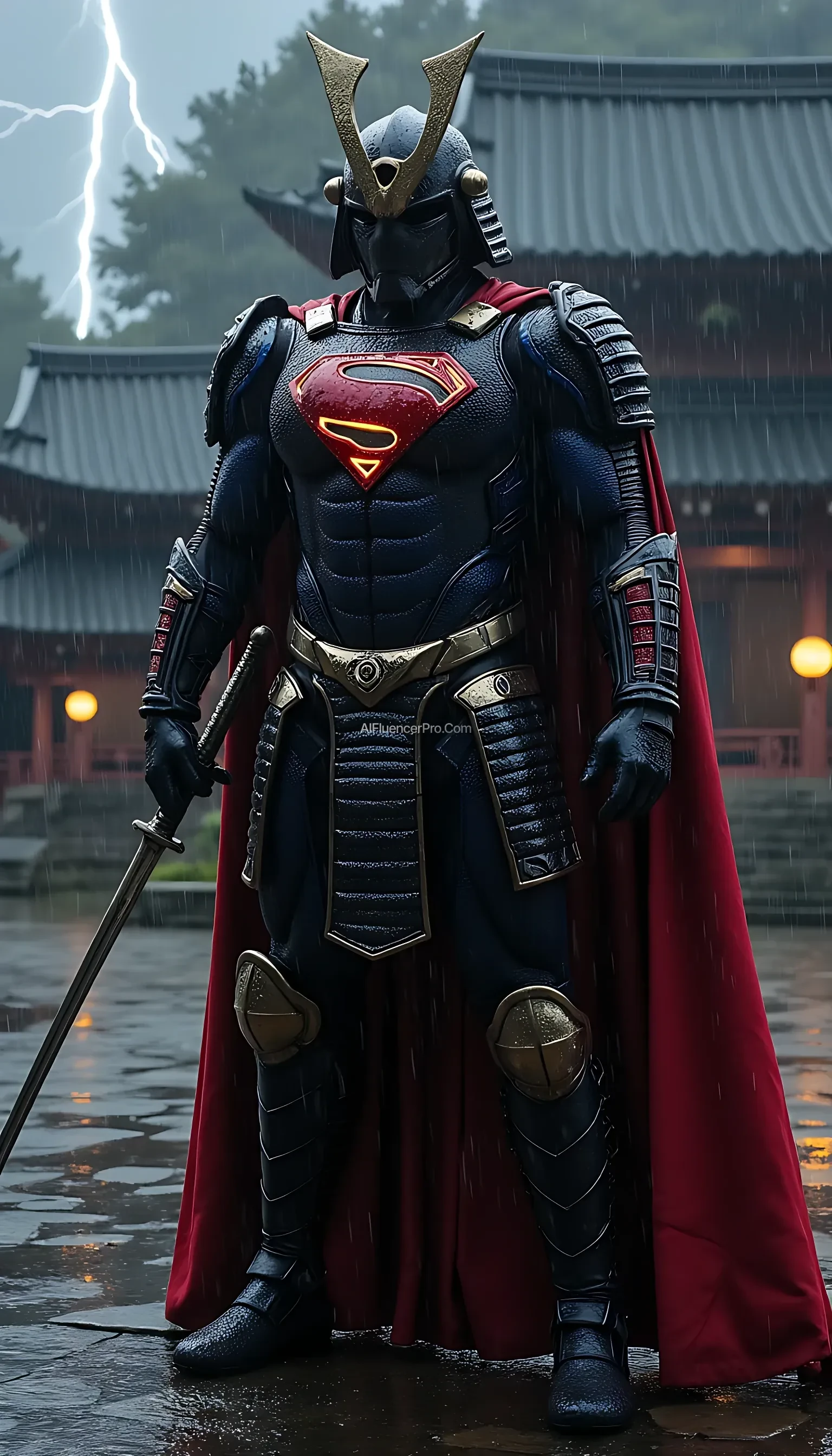 A photorealistic Superman wearing a majestic samurai-inspired suit, combining traditional Japanese armor with futuristic design. The samurai armor features intricate, metallic plating, with glowing accents that emphasize the advanced technology within. The iconic 'S' symbol is subtly integrated into the chest plate, radiating an aura of power. He wears a modernized samurai helmet, its sleek lines dripping with rain as water streams down his armor. Superman grips a katana firmly in one hand, the blade shimmering under the pouring rain, while droplets cascade from its edge. The scene is set in an ancient Japanese temple courtyard during a torrential downpour. Thunder rumbles in the distance, and flashes of lightning briefly illuminate the darkened sky. Puddles form on the stone ground, reflecting the temple's towering silhouette. Superman stands poised, his cape soaked and clinging to his body, as he prepares for an intense battle amidst the dramatic, rain-soaked atmosphere.