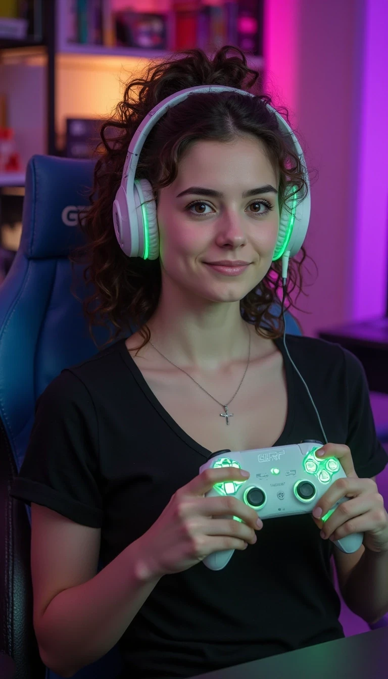 photo of 21 year old woman CSTMDL, A photorealistic image of a young woman sitting in a colorful gaming setup, wearing large white over-ear gaming headphones with green LED lighting. She has curly brunette hair tied back, and a playful, confident expression with bright, focused eyes. She is holding a glowing white gaming controller with intricate neon-green illuminated patterns in both hands, positioned in front of her chest. She is wearing a fitted black V-neck shirt. The background shows a blue-and-black gaming chair labeled “GTR,” softly blurred shelves with books, and a warm, cozy room lit by vibrant purple and pink LED lights. The scene features ultra-sharp details, realistic skin texture, natural light reflections, slight bokeh in the background, and 4K hyperrealism with a modern gamer aesthetic.