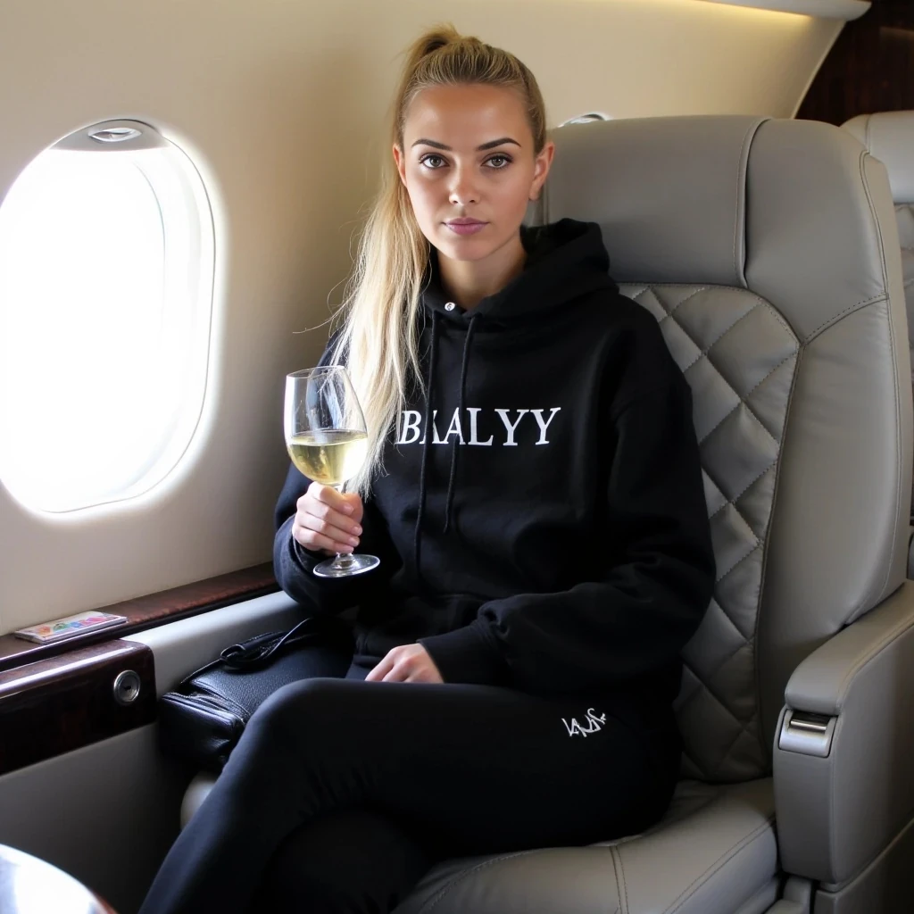 A young, lightly tan-skinned woman sits in a private jet cabin.  She is in her twenties. She is wearing a black hooded sweatshirt with “BALLY” lettered in white on her chest and black fitted sweatpants, and has light soft long blonde hair styled in a ponytail.  In her lap, she is holding a small glass partially filled with white wine. Her facial expression is neutral, and she is looking slightly off to her right.  Her body is slender and proportionate. She is positioned in the mid-frame, seated in the left-center of the image, taking up most of the frame. She is oriented facing slightly to her right, but her head is oriented towards the viewer. The setting is the interior of a private jet. The cabin is modern and light beige/gray.  The seating is luxurious, with padded quilted light-gray seats.  The image is well-lit, with natural light entering from the window on the left side of the frame.  The lighting highlights her features subtly. The style is elegant and sophisticated, featuring a luxurious interior.  A small dark-colored purse is visible on her lap. The composition is focused on the subject and her surroundings, emphasizing the ambiance of the private jet. The perspective is from slightly above her.