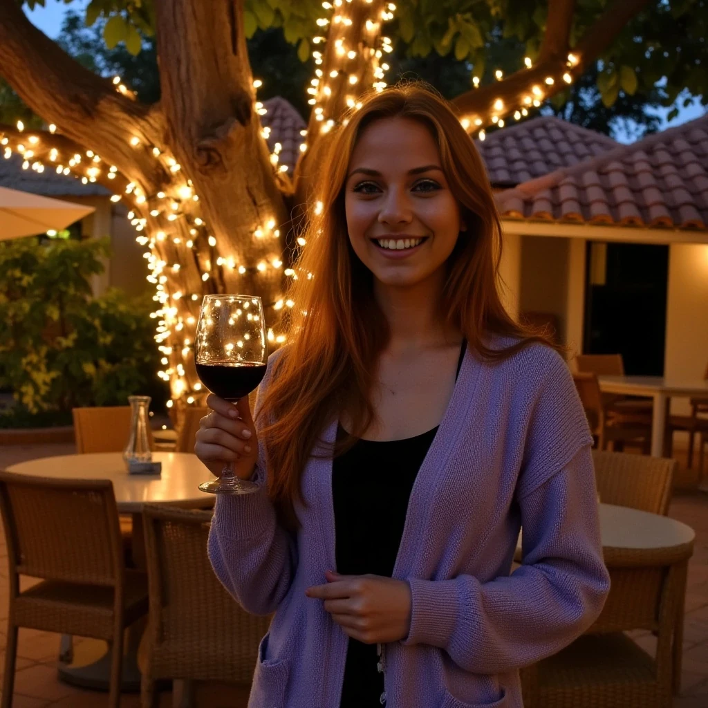 A full body shot photo of a woman standing outdoors at a cozy, warmly lit patio in the evening, with soft, glowing lights wrapped around a tree behind them creating a charming atmosphere. The image is rich in detail, with warm tones and clear textures throughout. The woman has fair skin, a slim build, and long reddish-blonde hair, also worn loose. She is smiling warmly at the camera, holding a glass of red wine in her right hand, and wears a soft-textured lavender cardigan over a black top. The background features a large tree with sparkling string lights wrapped around its trunk and branches, adding a magical touch to the scene. The setting suggests a private outdoor seating area, with elements like terracotta-tiled roofing, greenery, and rattan chairs contributing to a serene, inviting vibe. The overall composition is balanced, with the woman framed against the softly glowing tree, and the lighting enhances the warm, intimate feel of a quiet evening shared among friends. The details are vivid, with textures of clothing, skin, and background elements clearly visible, while the warm lighting creates a relaxed and joyful mood