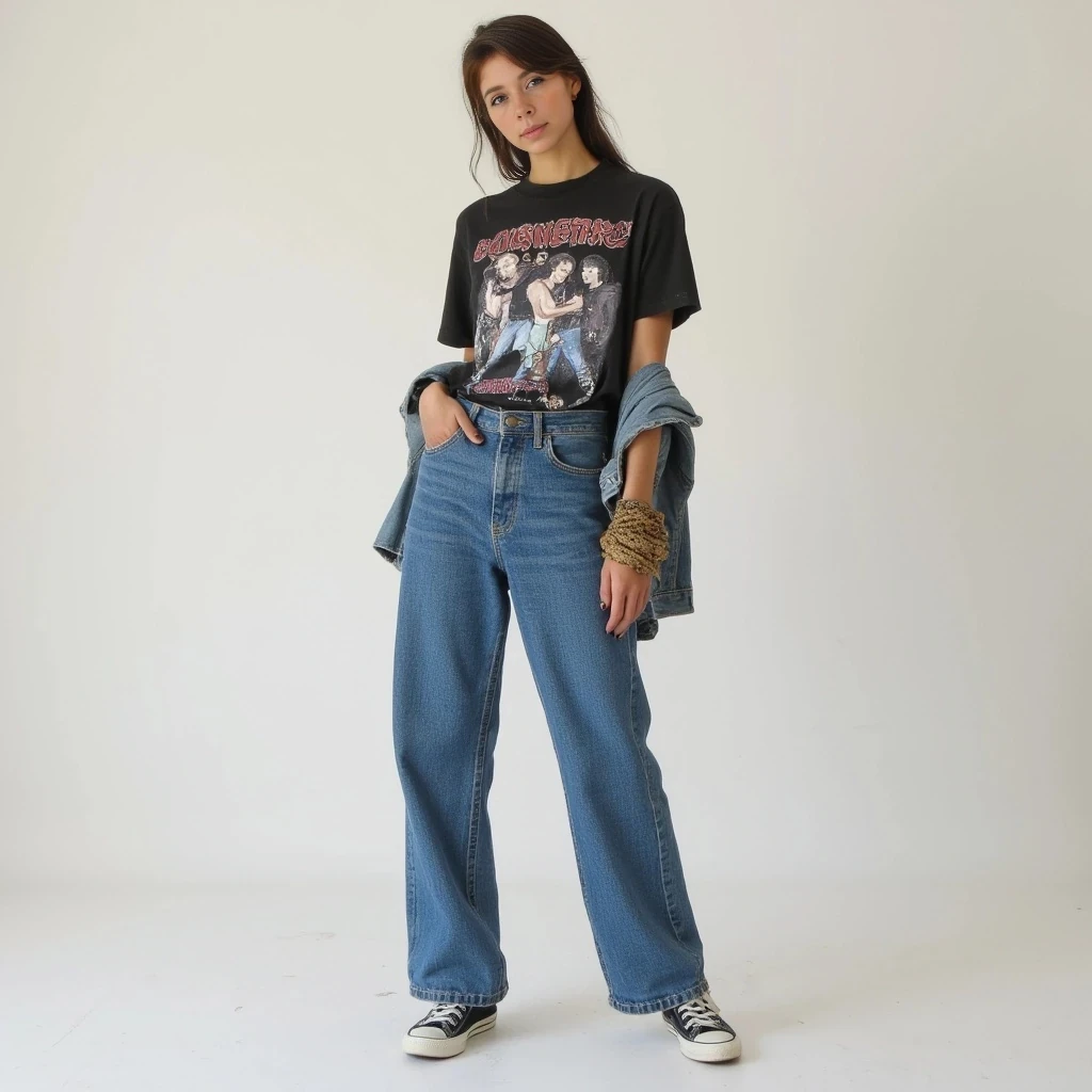 full‑body shot, a young woman with a lean, natural frame, slightly slouched posture that feels casual and unposed, wearing an oversized vintage band t‑shirt half tucked into worn high‑waisted jeans, scuffed Converse sneakers, a faded denim jacket draped loosely over one shoulder, a handmade woven bracelet on her wrist, chipped black nail polish on her fingers, her stance relaxed with one foot slightly turned inward, conveying effortless individuality and the kind of style that feels uncurated but magnetic
