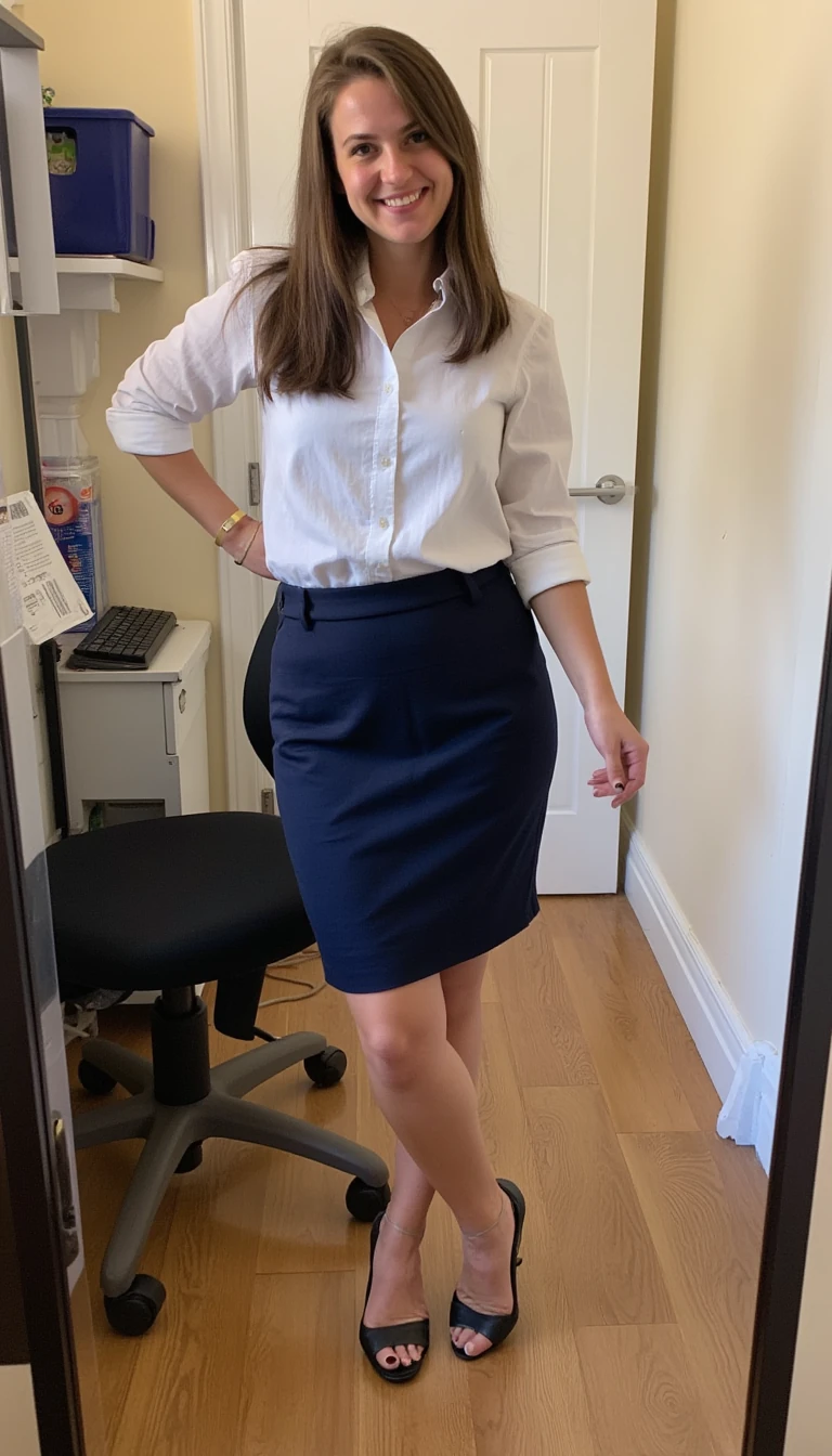 boring low quality snapchat photo circa 2015, finance girl, girl next door, half Dutch half British, light brown hair, in an office full body shot