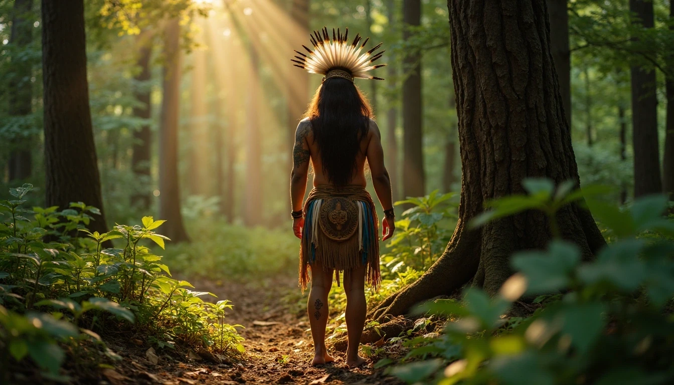 A fantasy native American forest god in a serene forest glade glowing 