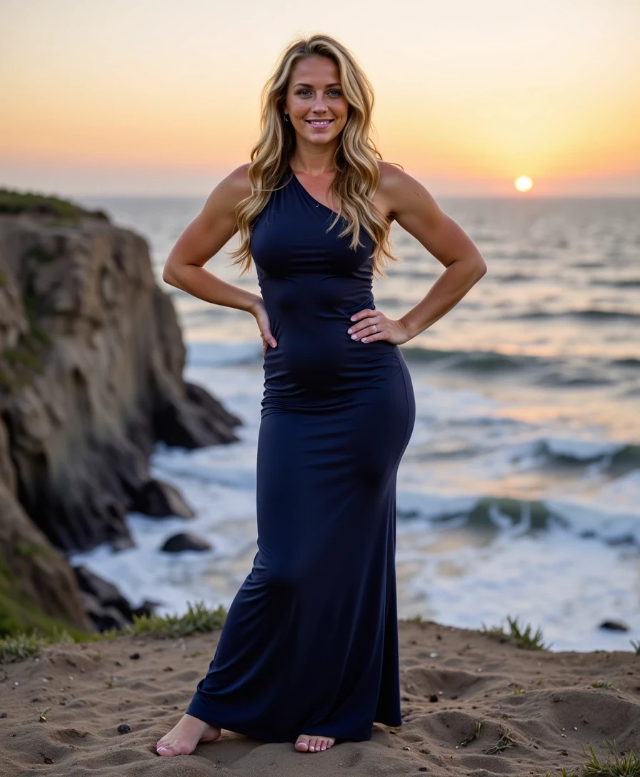 The image is a photograph featuring a young Caucasian woman, CSTMDL, with long, wavy blonde hair, standing on a rocky Outer Banks cliff at sunset. She wears a form-fitting navy maxi dress that hugs her silhouette respectfully, hands on hips with a bold expression. Her hair ripples in the wind, with crashing waves below. Highly detailed, 8K, dramatic lighting, adventurous coastal style with deep blues and oranges.
