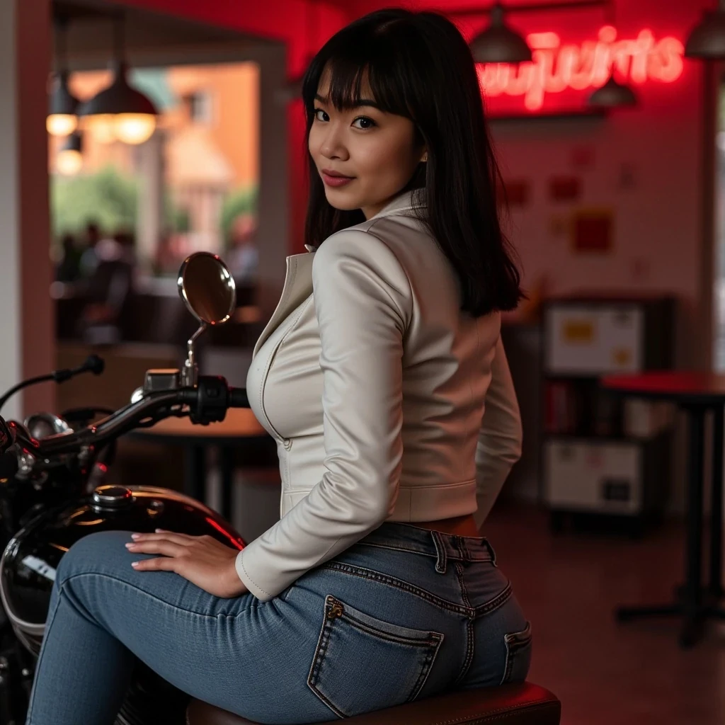 Canon 50d, 2048k) , side view, ((((breathtaking:1.5) (Asian) woman (on a motorcycle:1.2) )), (((white leather) jacket)), (eyeliner:1.3) , (oiled buttocks) , anus, realistic, pants pull, (MILF PAWG) , (huge ass) , (detailed (breathtaking:1.35) face), (((short black bangs) )), (in a vintage garage) , cinematic lights, best shadows, <lora:Mooning:0.35> , eyes, parted lips, brown leather jacket, (ass, ((anus) ), anus roughnes)), voluptuous, (detailed anus roughnes) , (pale skin:1.35) , smirks, warm colors, (detailed oiled skin texture:1.3) , (award-winning photo) , cinematic lights, neon lights, smirk, (realistic) , (parted lips) , hyperrealistic, painted nails