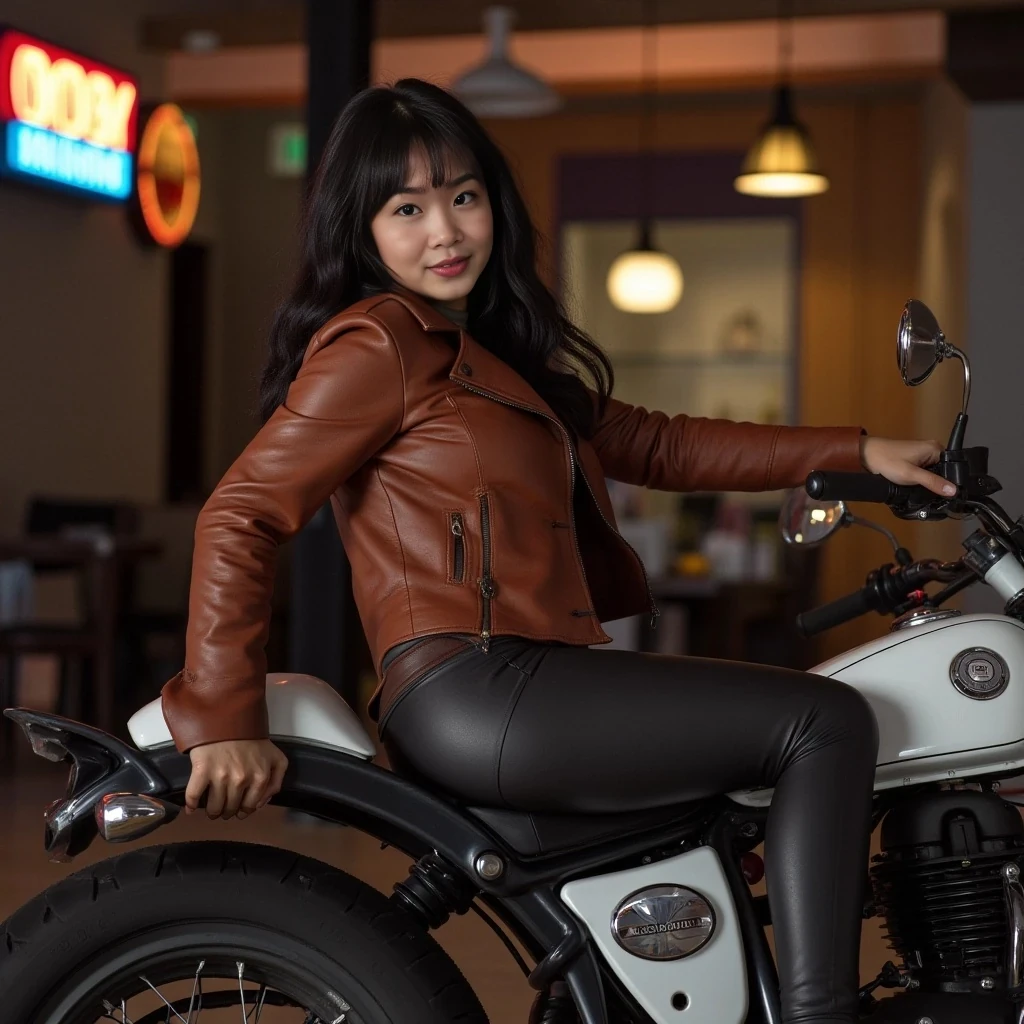 Canon 50d, 2048k) , side view, ((((breathtaking:1.5) (Asian) woman (on a motorcycle:1.2) )), (((white leather) jacket)), (eyeliner:1.3) , (oiled buttocks) , anus, realistic, pants pull, (MILF PAWG) , (huge ass) , (detailed (breathtaking:1.35) face), (((short black bangs) )), (in a vintage garage) , cinematic lights, best shadows, <lora:Mooning:0.35> , eyes, parted lips, brown leather jacket, (ass, ((anus) ), anus roughnes)), voluptuous, (detailed anus roughnes) , (pale skin:1.35) , smirks, warm colors, (detailed oiled skin texture:1.3) , (award-winning photo) , cinematic lights, neon lights, smirk, (realistic) , (parted lips) , hyperrealistic, painted nails