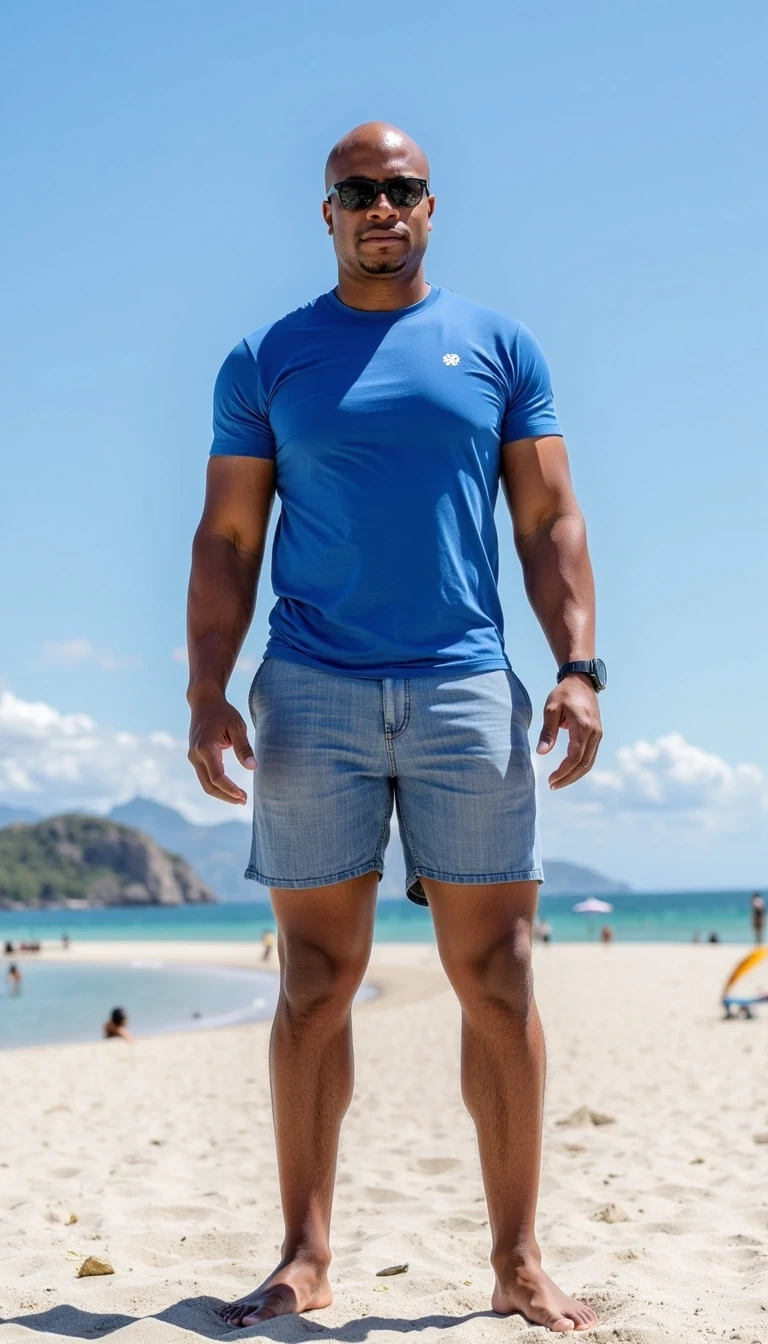 iPhone Photorealistic Full body image. make him more realistic and similar. Tech CEO, He is wearing a blue t shirt, swimming trunks and modern Ray-Ban sunglasses. Slim but muscular build. He is facing the camera directly, as if the paparazzi is shooting him while he is out on a beach .He looks like a confident stud, CSTMDL, Face of Carter and bald head