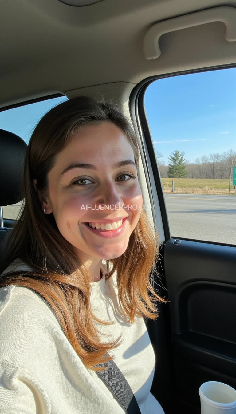 boring low quality snapchat photo circa 2015, A young woman with a warm smile, sitting in the driver's seat of a cozy car. She has soft, wavy brown hair cascading past her shoulders. The sunlight streams through the window, casting a gentle glow on her face. The interior of the car is neat and comfortable, with a coffee cup in the cup holder and a small plant on the dashboard. The background outside the window shows a scenic road lined with trees and blue skies