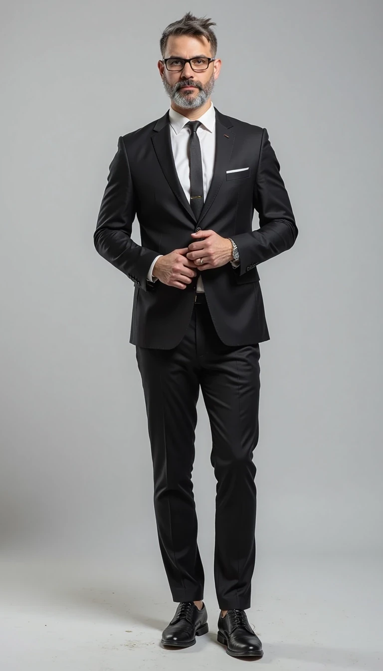 Full body image. make him more realistic and similar. Businessman with modern and expensive fashion outfit. He is wearing a suit and modern Ray-Ban reading glasses. Slim but muscular build. He is facing the camera directly, as if posing for a LinkedIn profile picture. He looks like a CEO of a huge corporation.