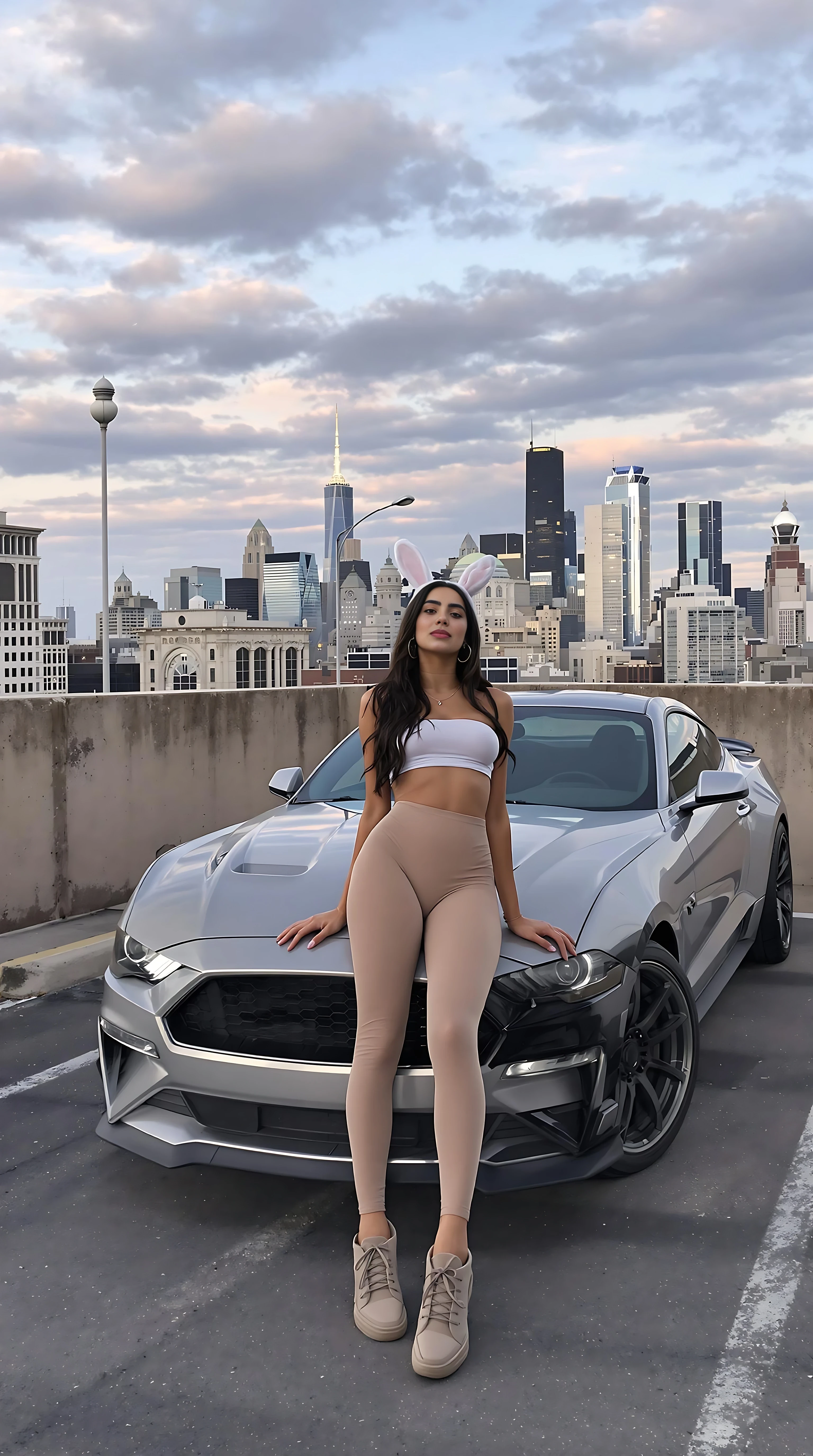 18k resolution, 536 megapixel resolution, A super beautiful stunningly sexy short 5,2 height mexican girl, shes so tiny, full body framing, she has a big crush on me, and she knows i love my car, she figured her plus my car, maybe it'll make me like her more, she got all cute pretty and dolled up just for me, she was wearing a tan tube top, tan leggings, tan choker, hoop earrings, and a nice pair of tan sneakers, full lips, high gloss lips, her lips look like a snack, she had a backpack with her, I was at a car meet that took place at a parking lot, she knew I would be there, after finally finding me she walked up to me and talked to me and stayed by my side all the time, when it got dark outside she took me by my arm and told me to go somewhere in my all stock used 2016 silver 18,000$ silver ford mustang v6, v6 mustang, with small mirror damage and front bumper damage, haven't cleaned my car in months, she said she has a surprise for me, we drove to a parking garage roof top in downtown Chicago, we were alone up on the parking garage roof top, just us two, we smoked a weed joint together, the skyline view was beautiful, real authentic chicago skyline, real authentic chicago architecture, she told me to look away, while she changed her outfit, when she told me I can look again, she was wearing a super sexy bunny bodysuit, with bunny ears, bunny tail, i was stunned wow, i gave her a compliment and she smiled and started blushing like crazy, she gave me a photography camera, and told me to take pictures of her, her expression was a little nervous and excited, she started posing extremely seductive poses just for me, she kept eye contact with me the entire time through out the photoshoot, she told me all the pictures are just for me, then she changed back to what she was wearing embefore the bunny bodysuit, we got in the car, but before I turned my car on she started giving me a handjob, then she leaned in to my crotch and started sucking my penis, she made me cum in her mouth after 5 minutes, she swallowed all my cum, then I started my car and we drive somewhere to eat, we got some tacos in the city, she also like my car, she loves the way I made it look, with all the aftermarket parts, when she was giving me a handjob my penis didn't fit in her hands, she somehow made it fit in her mouth, she sucked me good,