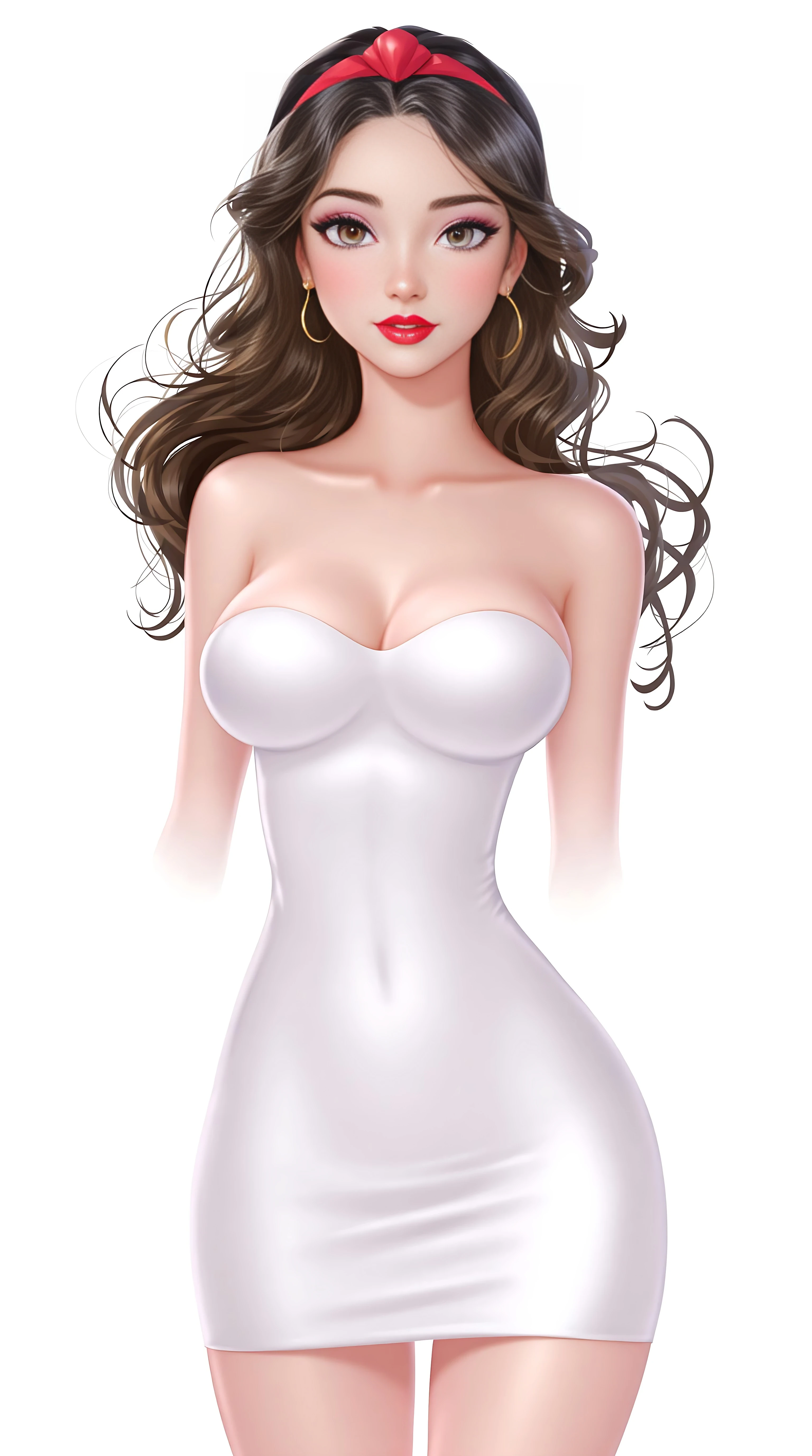 Digital ai art illustration, A modern Disney princess snow white, shes wearing a skin-tight strapless backless top and a skin-tight short micro tube short skirt, flat stomach, full glossy lips, 