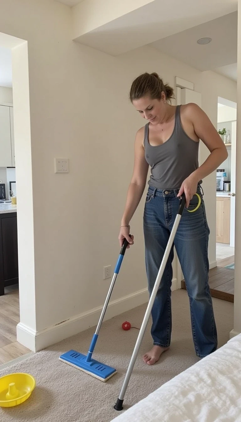 photo of woman CSTMDL cleaning the house