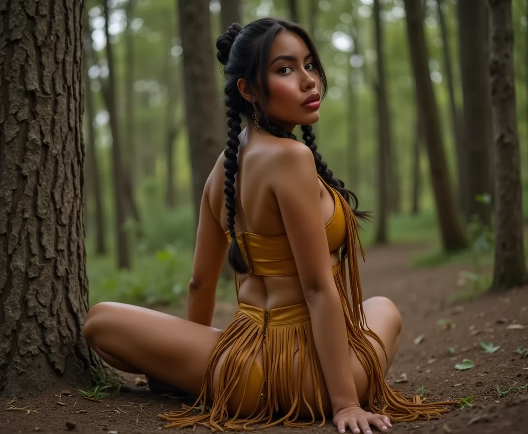 A medium shot photo of woman CSTMDL, a 25-year-old native American woman. The woman who is Native American in appearance has light tan skin tone, she is tall with a athletic build, medium sized boobs, her nipples are medium size and dark skinned areolas, She is wearing her hair in a native American style with 2 long braids, She is wearing a sexy native American leather outfit with a fringe breechcloth in a golden yellow color, in a wooded area she is tied up bound to a tree with her legs spread wide apart, her knees are on the ground and her bum is facing the camera, She is looking back over her shoulder maintaining intense eye contact with the camera staring stoically without any other expression at all. The composition captures a casual, candid moment, romantic setting, Hyper realism, captured with a nikon d850, 16k, uhd, ultra-sharp focus, depth of field, perfect meshes and textures, highly detailed, highly accurate reflections, volumetric fog, volumetric lighting, volumetric light, hdr, ray tracing, cinematic shooting style, her entire body is in the frame including her hands which are on the ground 