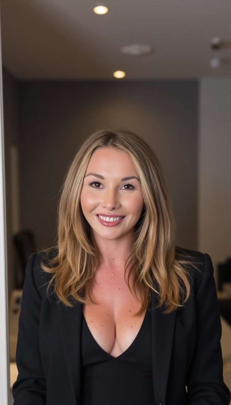 photo of woman CSTMDL, very skinny, office, mirror selfie, huge boobs, tan lines, dimly lit room, blonde, smiling, pale white skin, freckles, wearing woman’s suit