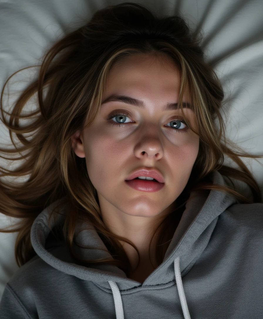 create an ultra-realistic selfie image of a 19 year old Serbian woman. She stands at 5'9", embodying the epitome of allure and charm with her sharp Slavic facial features. her skin is tan and sunkissed . Her captivating blue eyes and long, ashy brown hair enhance her mesmerizing presence. she is dressed in a grey hoodie laying in bed and her eyes seem red as she is sad and has been crying a lot. her expression is one of sickness and sadness. she seems to be cold. Focus on extreme realism, especially in her facial details. 