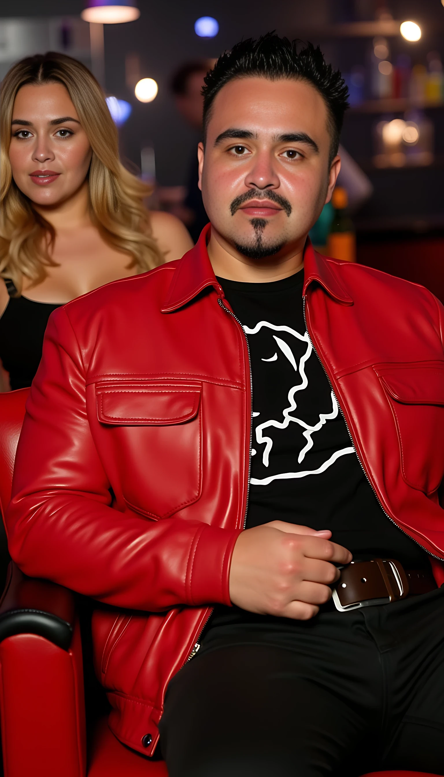 full man body wearing a   Red ferrari leather jacket Seating on a sofa a 2 beautiful  blonde woman with blue eyes and curvy body in sexy dresses in a nightclub background 

