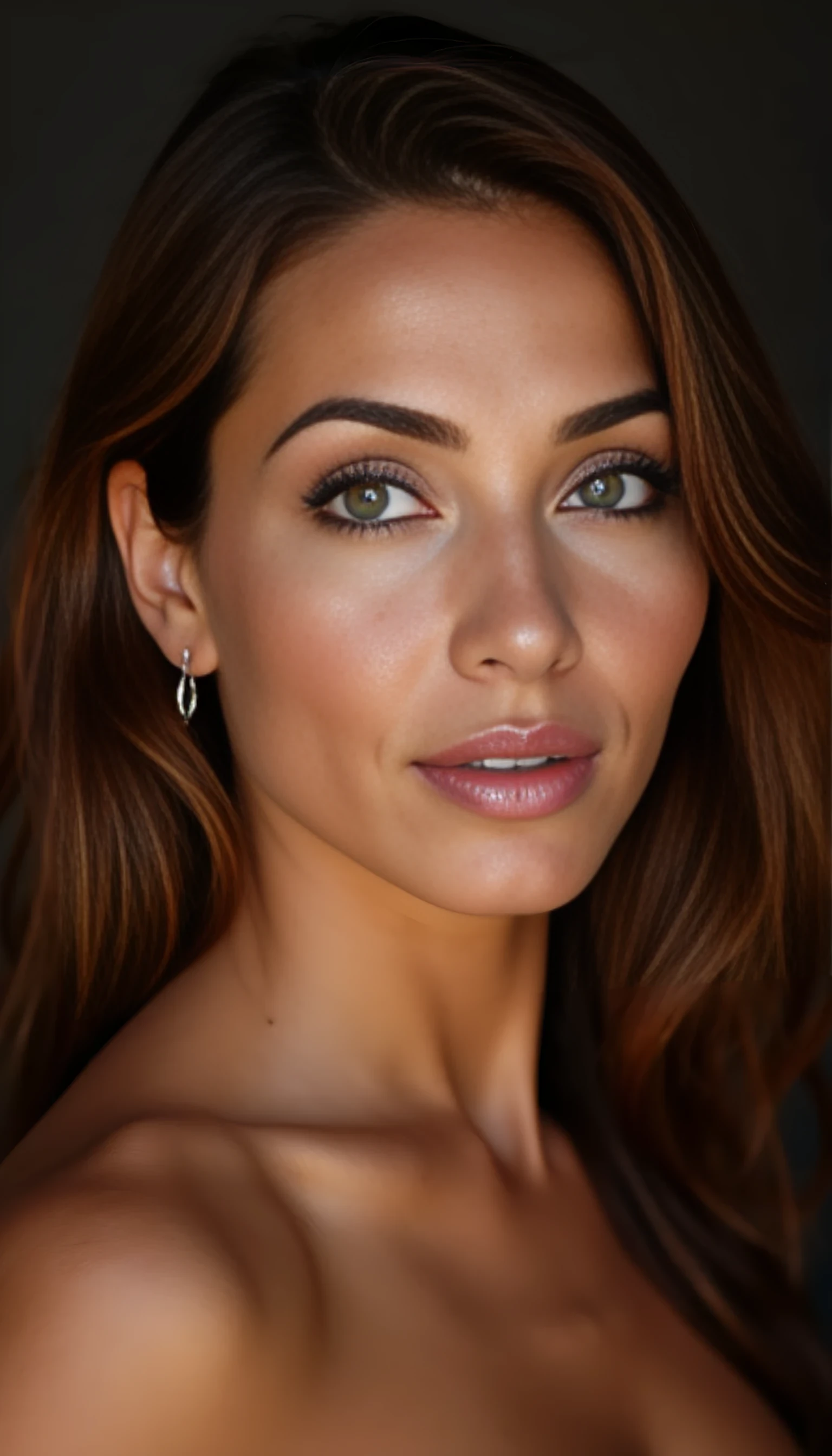 A portrait photo of a beautiful 42 years old model, mixed ethnicity of half white American half Brazilian, with dark auburn hair, piercing emerald eyes, ultra detailed eyes with sharp iris reflections, slight smile, studio-quality, extremely realistic HD and lightining
