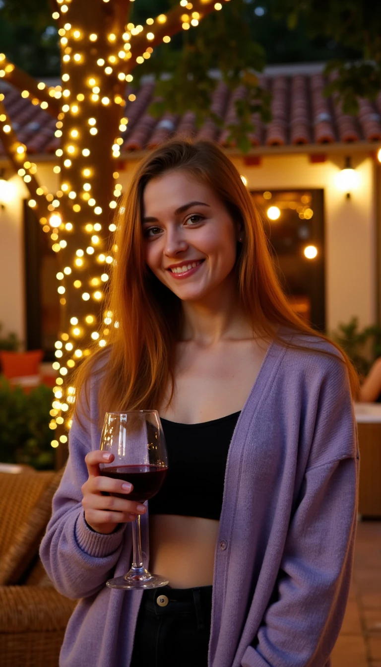A full body shot photo of a woman standing outdoors at a cozy, warmly lit patio in the evening, with soft, glowing lights wrapped around a tree behind them creating a charming atmosphere. The image is rich in detail, with warm tones and clear textures throughout. The woman has fair skin, a slim build, and long reddish-blonde hair, also worn loose. She is smiling warmly at the camera, holding a glass of red wine in her right hand, and wears a soft-textured lavender cardigan over a black top. The background features a large tree with sparkling string lights wrapped around its trunk and branches, adding a magical touch to the scene. The setting suggests a private outdoor seating area, with elements like terracotta-tiled roofing, greenery, and rattan chairs contributing to a serene, inviting vibe. The overall composition is balanced, with the woman framed against the softly glowing tree, and the lighting enhances the warm, intimate feel of a quiet evening shared among friends. The details are vivid, with textures of clothing, skin, and background elements clearly visible, while the warm lighting creates a relaxed and joyful mood