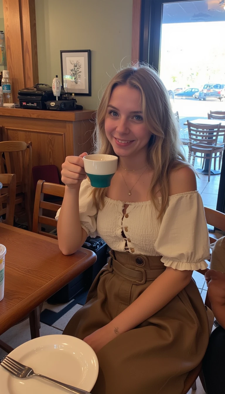 boring low quality snapchat photo circa 2005 of Layla at a coffee house having a coffee wearing a cute outfit