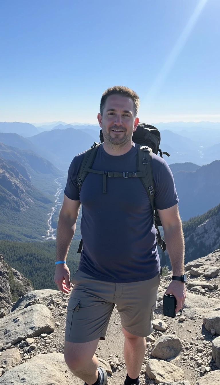 photo of a mid 40s man CSTMDL in hiking attire at the summit of a small mountain. he has a dad bod but is clearly in shape