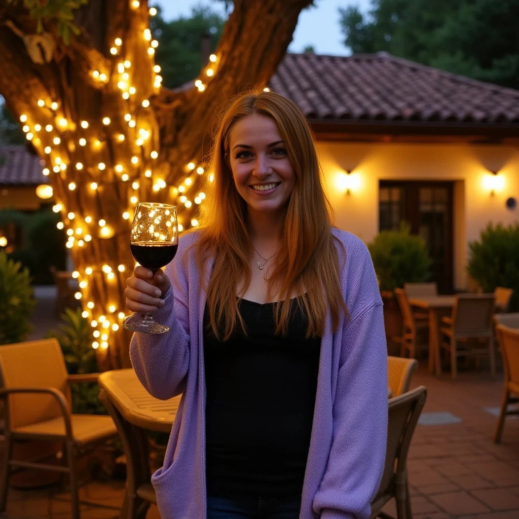 A full body shot photo of a woman standing outdoors at a cozy, warmly lit patio in the evening, with soft, glowing lights wrapped around a tree behind them creating a charming atmosphere. The image is rich in detail, with warm tones and clear textures throughout. The woman has fair skin, a slim build, and long reddish-blonde hair, also worn loose. She is smiling warmly at the camera, holding a glass of red wine in her right hand, and wears a soft-textured lavender cardigan over a black top. The background features a large tree with sparkling string lights wrapped around its trunk and branches, adding a magical touch to the scene. The setting suggests a private outdoor seating area, with elements like terracotta-tiled roofing, greenery, and rattan chairs contributing to a serene, inviting vibe. The overall composition is balanced, with the woman framed against the softly glowing tree, and the lighting enhances the warm, intimate feel of a quiet evening shared among friends. The details are vivid, with textures of clothing, skin, and background elements clearly visible, while the warm lighting creates a relaxed and joyful mood