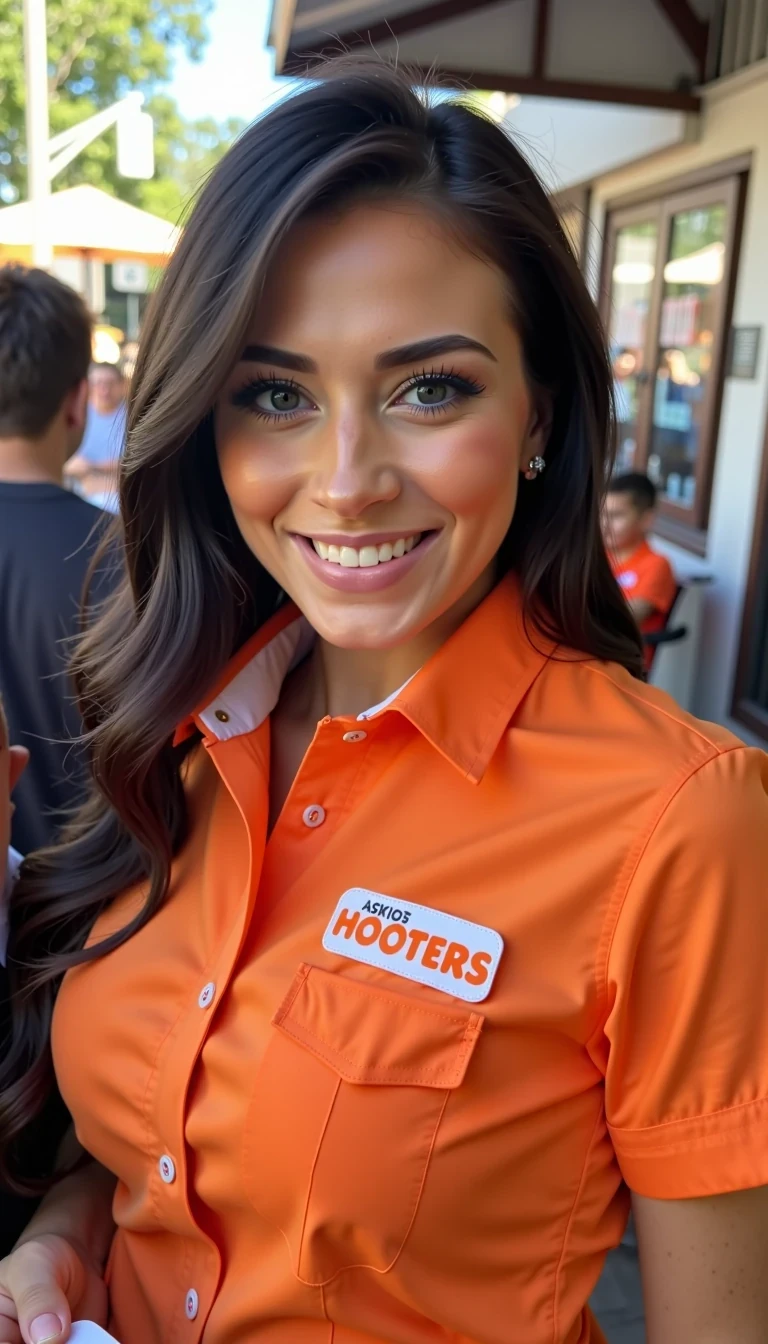 photo of woman CSTMDL, she should be wearing a hooters uniform,she should be smiling
