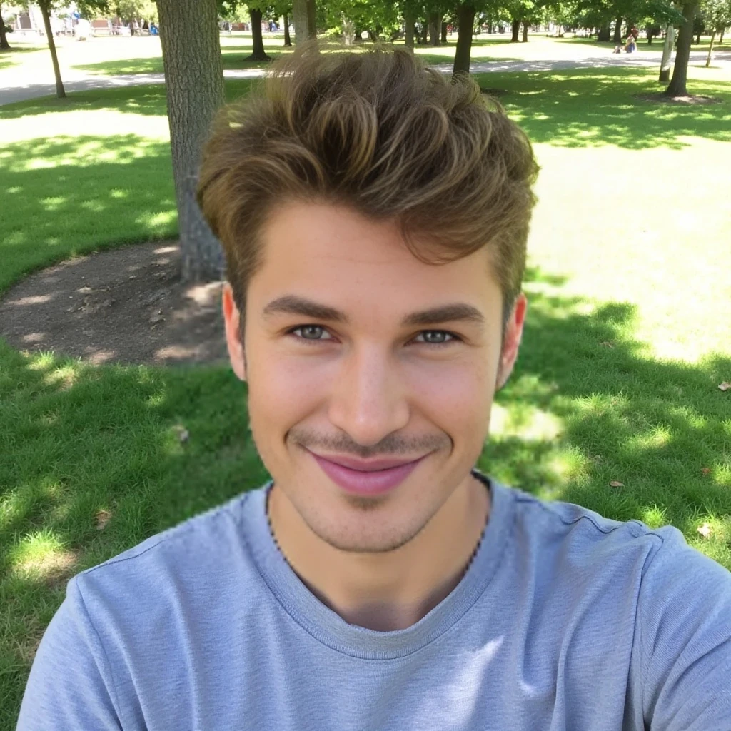 boring low quality snapchat photo circa 2015, cute man, soft light brown hair, selfie in the park