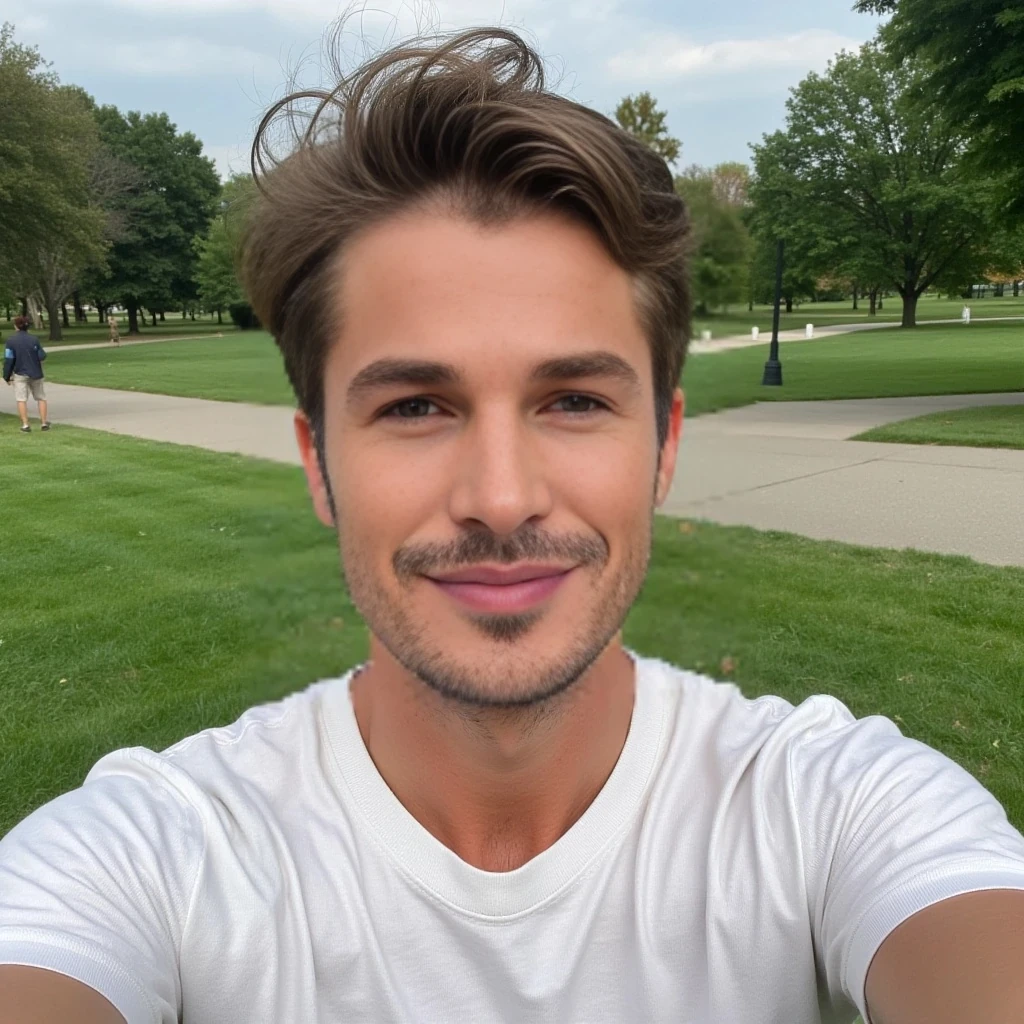 boring low quality snapchat photo circa 2015, cute man, soft light brown hair, selfie in the park