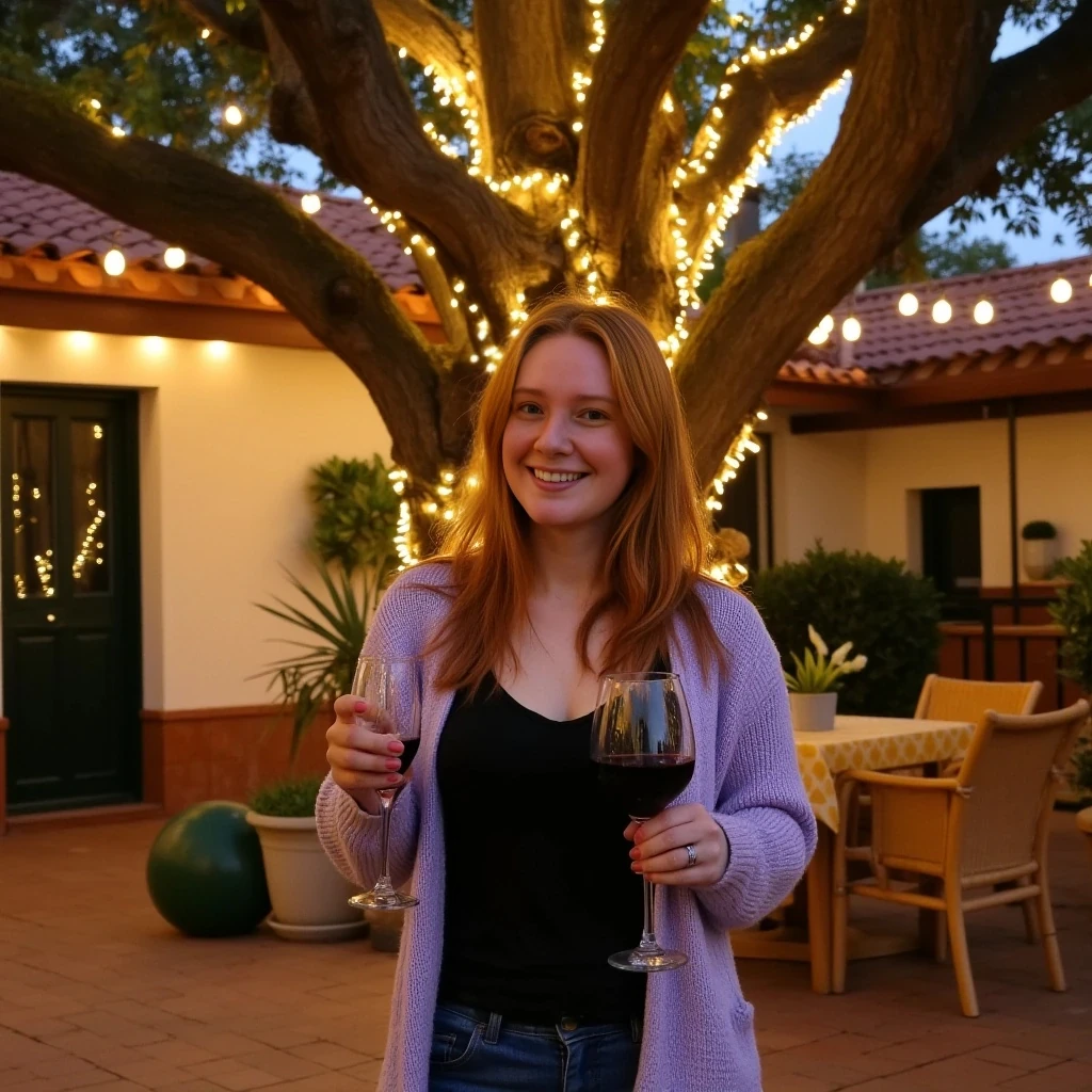 A full body shot photo of a woman standing outdoors at a cozy, warmly lit patio in the evening, with soft, glowing lights wrapped around a tree behind them creating a charming atmosphere. The image is rich in detail, with warm tones and clear textures throughout. The woman has fair skin, a slim build, and long reddish-blonde hair, also worn loose. She is smiling warmly at the camera, holding a glass of red wine in her right hand, and wears a soft-textured lavender cardigan over a black top. The background features a large tree with sparkling string lights wrapped around its trunk and branches, adding a magical touch to the scene. The setting suggests a private outdoor seating area, with elements like terracotta-tiled roofing, greenery, and rattan chairs contributing to a serene, inviting vibe. The overall composition is balanced, with the woman framed against the softly glowing tree, and the lighting enhances the warm, intimate feel of a quiet evening shared among friends. The details are vivid, with textures of clothing, skin, and background elements clearly visible, while the warm lighting creates a relaxed and joyful mood