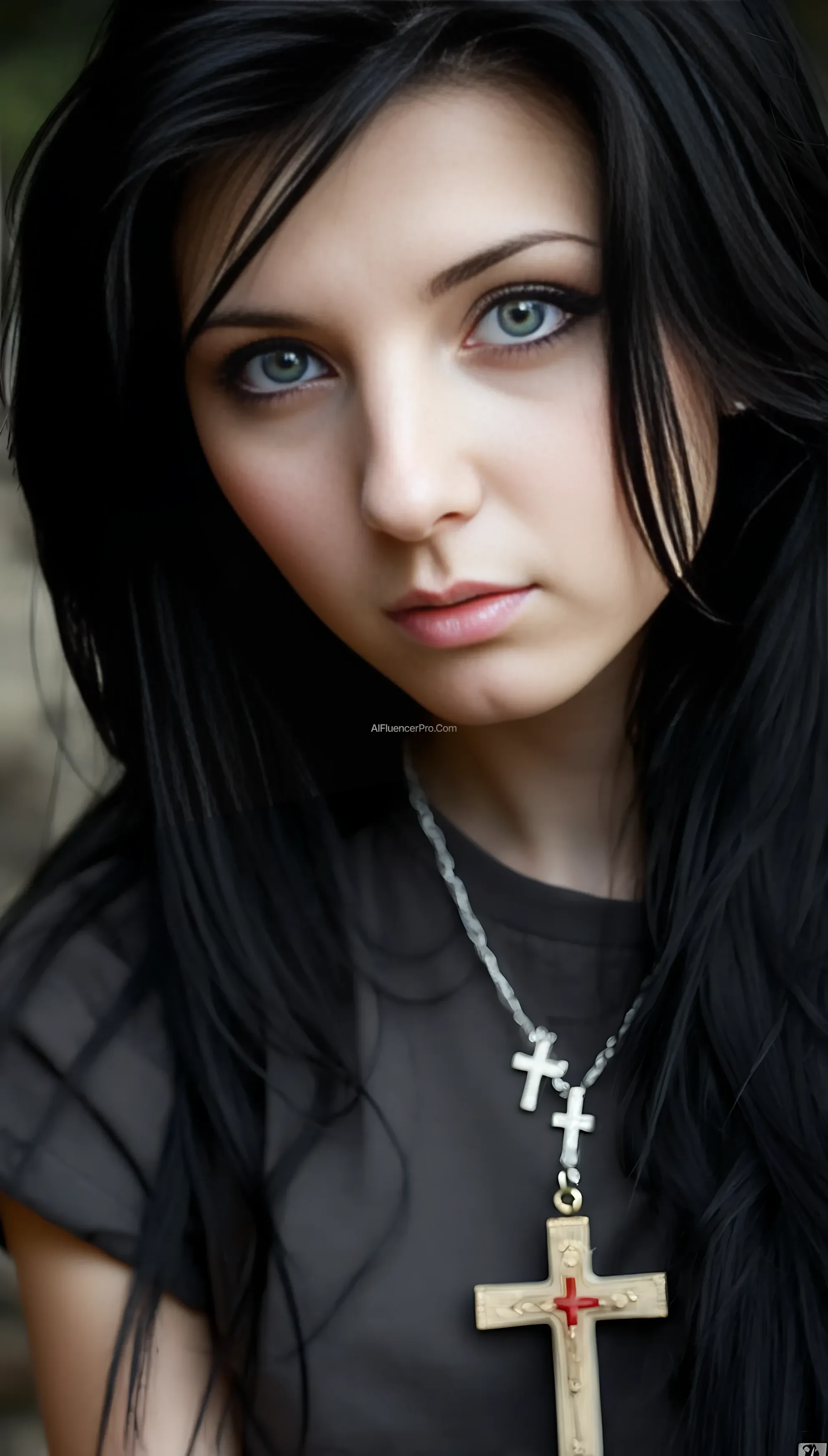 1girl, solo, long hair, looking at viewer, black hair, shirt, jewelry, short sleeves, necklace, black eyes, blurry, lips, grey eyes, black shirt, blurry background, cross, realistic, photo (medium), cross necklace