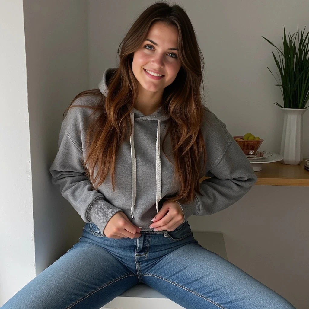 young 24 year old sexy Russian woman with brown hair and green eyes, big boobs, sexy ass, wearing tight jeans, a hoodie, has a warm smile, in a random place
