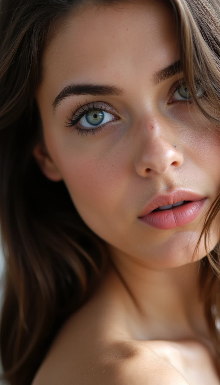close-up of a feminine woman with big soft blue eyes, long dark lashes, defined cheekbones, wavy brown hair cascading over one shoulder, sensual yet innocent expression, slightly open lips, natural glossy skin texture, shot in soft afternoon window-light with shallow depth of field, polish girl, quarter turn, hair tossed mid-motion, subtle motion blur on ends, morning sun streaks across frame



