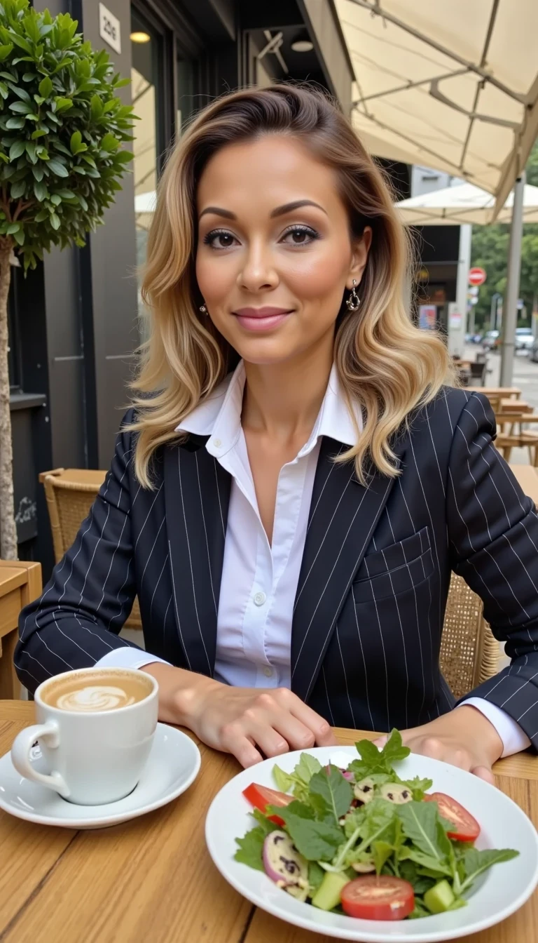 iphone portrait of CSTMDL woman Lifestyle editorial of a glamorous woman on her lunch break at a chic outdoor café. She wears a pinstriped trouser suit with a crisp white shirt, jacket relaxed. Coffee and salad on the table, sunlight highlighting her caramel-blonde waves. Outfit fabric sharp, pinstripes clear, shirt collar open. Modern city café around her in focus. Editorial x Instagram street-style tone.