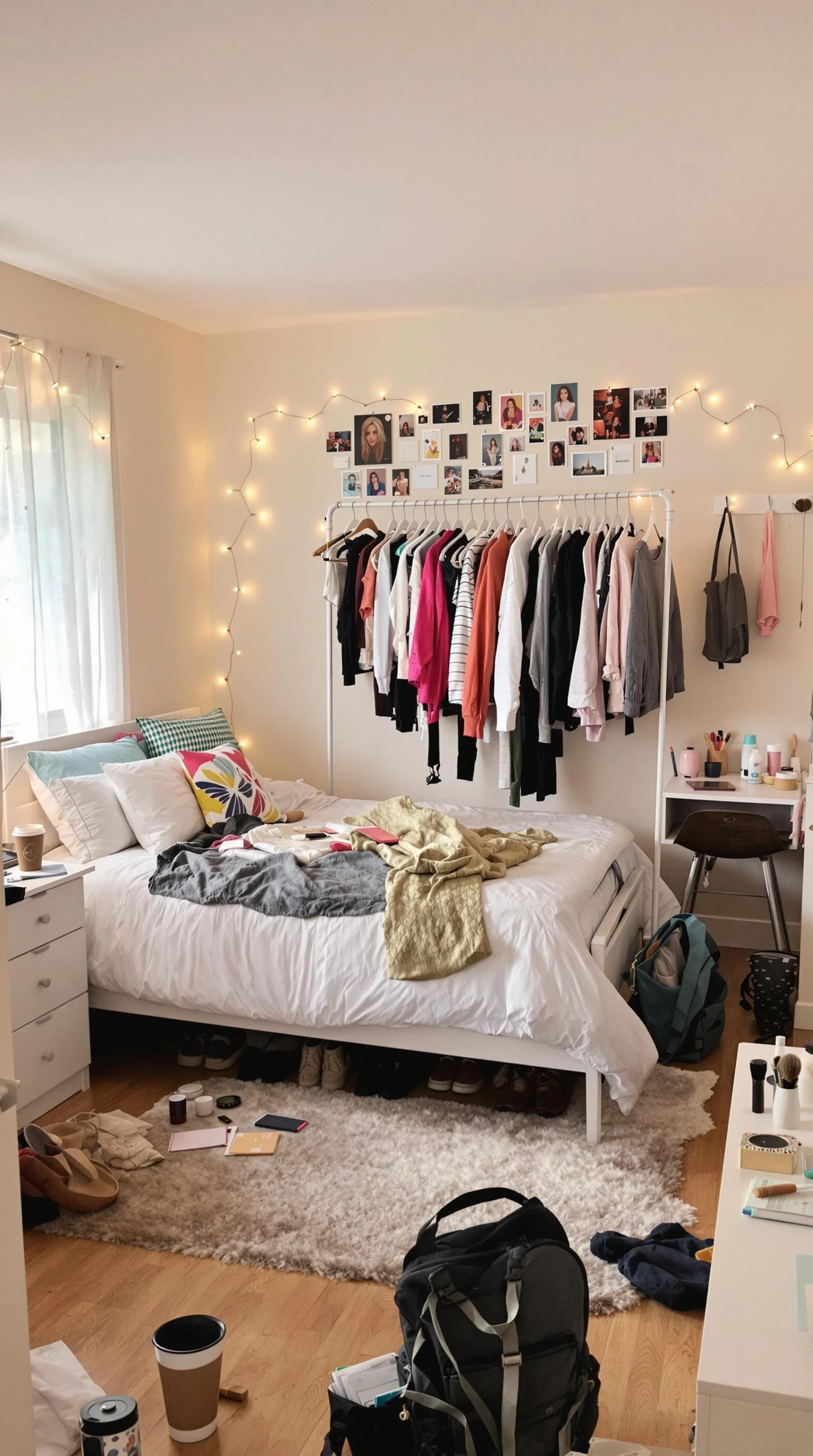 Slightly untidy bedroom belonging to an 18-year-old girl in the U.S., viewed from a natural, low eye-level angle — approximately at waist or belly-button height. The room is softly lit with natural daylight coming through sheer curtains. A full-size bed sits against a pastel-toned wall, dressed in a white duvet with a few colorful throw pillows and a casually tossed blanket. The wall above the bed features a collage of magazine clippings, Polaroids, and fairy lights, giving the space a personal and expressive feel. One side of the room features a clear, open area with neatly kept hardwood or carpeted flooring, next to a clothing rack displaying curated outfits and shoes organized beneath it. A small nightstand holds a lamp, an iced coffee cup, a phone charger, and scattered makeup items. In another corner, a desk or vanity is slightly cluttered with notebooks, skincare products, a hairbrush, and jewelry. A hoodie is slung over a desk chair, and an open tote bag or backpack lies on the floor with a few papers peeking out. The overall room feels warm, creative, lived-in, and expressive — a space meant for both comfort and personal style. The composition suggests both functionality and personality, with an open layout that allows for natural movement and presence in the center of the room.
