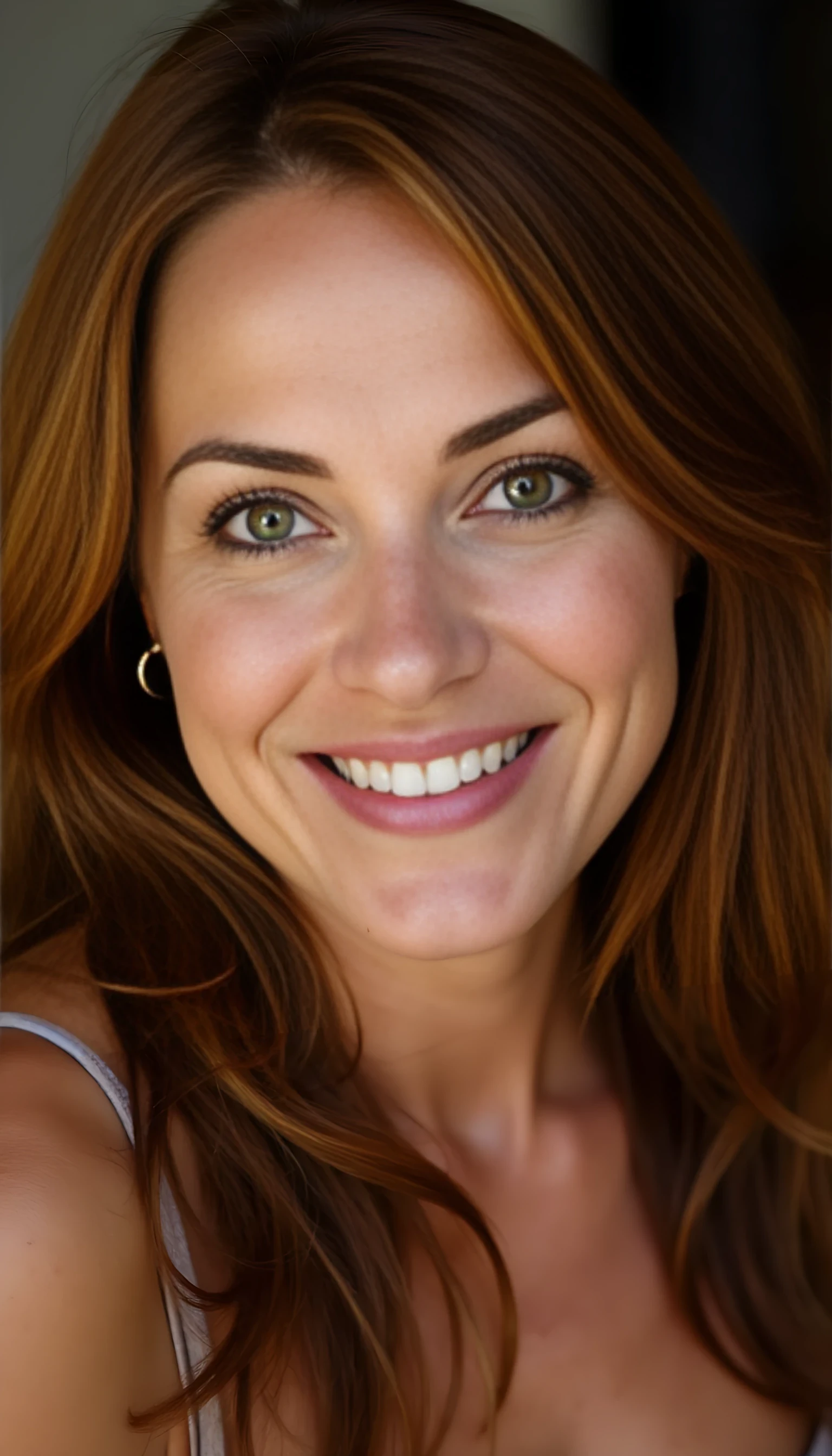 A portrait photo of a beautiful 44 years old woman, mixed ethnicity of half white American half Brazilian, with chestnut hair, ultra detailed eyes with sharp iris reflections, slight smile, studio high-quality