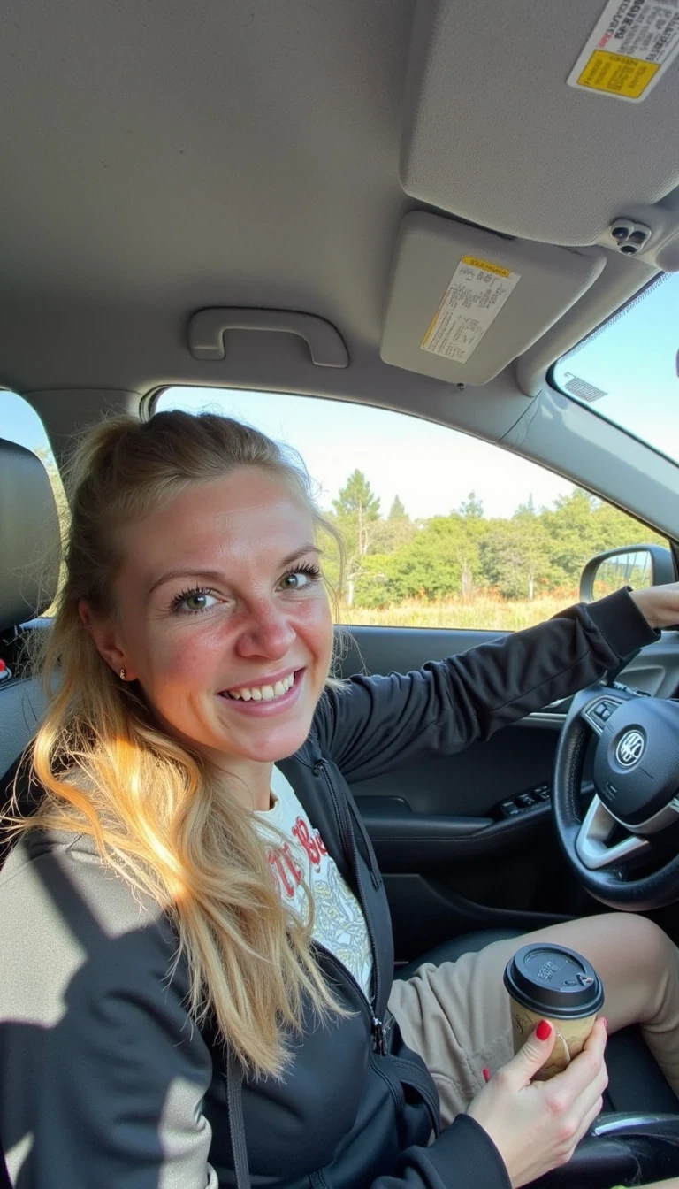 boring low quality snapchat photo circa 2015, A young woman with a warm smile, sitting in the driver's seat of a cozy car. She has soft, wavy brown hair cascading past her shoulders. The sunlight streams through the window, casting a gentle glow on her face. The interior of the car is neat and comfortable, with a coffee cup in the cup holder and a small plant on the dashboard. The background outside the window shows a scenic road lined with trees and blue skies